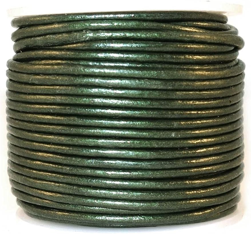 Round Leather Cord 1.5mm, Genuine Leather for Jewelry Making, DIY Craft Work, Necklace & Hobby Projects (Metallic Forest Green, 21.87 Yards)