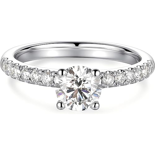 AURALUME Lab Grown Diamond Engagement Ring 1 CT Main Stone 2mm 0.56cttw Side Stone D Color VVS Clarity 4 Prong Solitaire S925 Sterling Silver Promise Anniversary Wedding Rings for Women