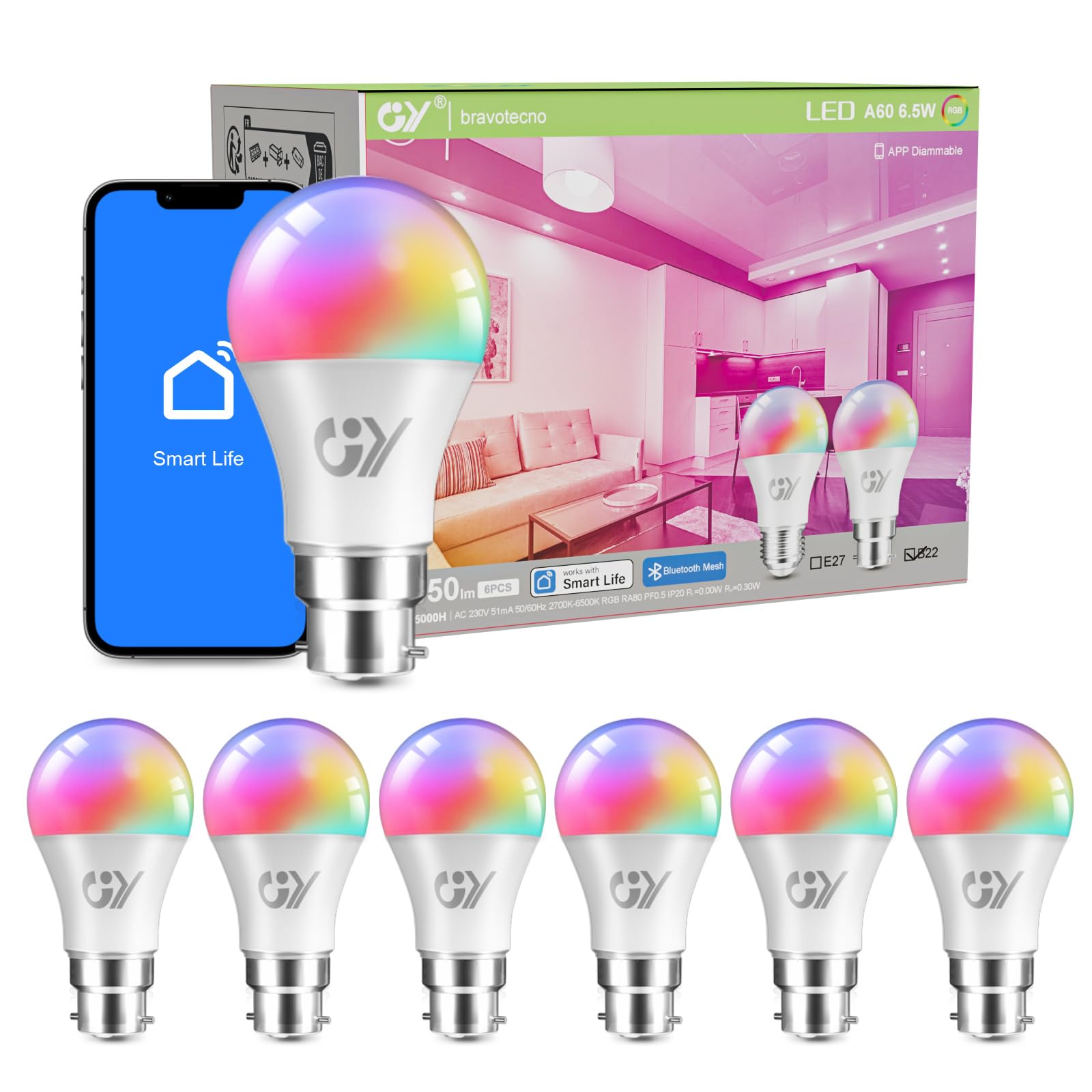 GY GY Bluetooth Mesh B22 RGBCW Smart LED Bulbs A60 6.5W High Energy Efficiency Bulb,Warm White to Cool White(2700K-6500K)Colour Changing,No WiFi required,Bluetooth Connect Smart Life APP Control,6 packs