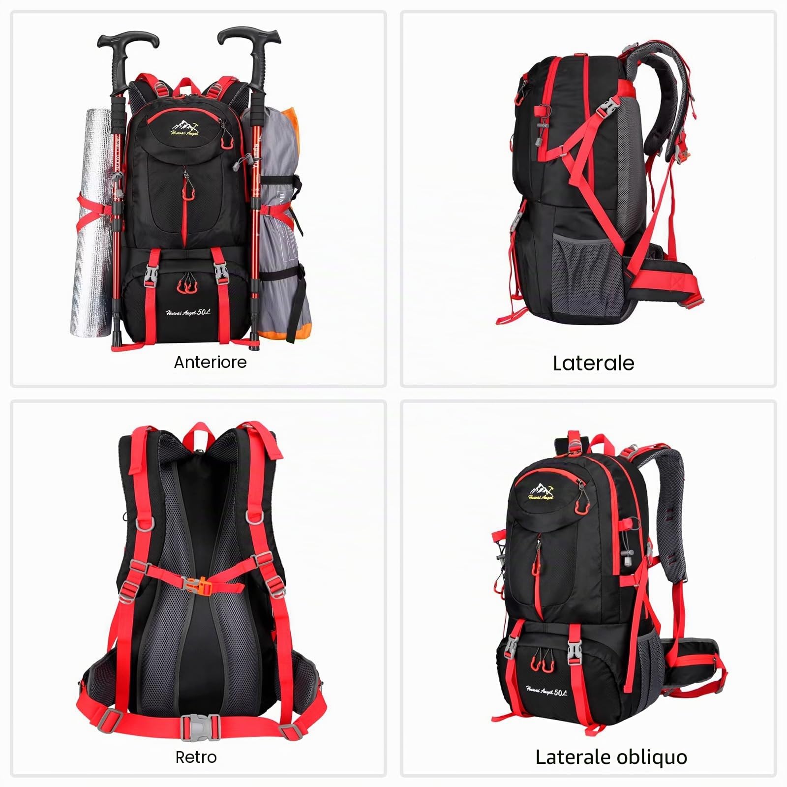50L Zaino da Trekking Impermeabile Zaino Hiking Backpack per Donna Uomo Campeggio Ciclismo Arrampicata Sport Nero