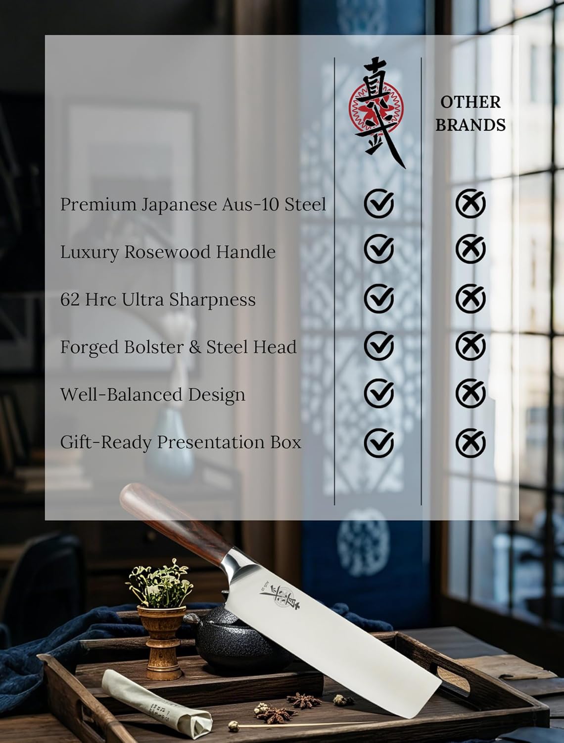 Nakiri Knife 7 Inch, Japanese AUS-10 High Carbon Stainless Steel Chef Knife, Rosewood Handle, Razor Sharp Vegetable Cleaver for Chopping, Gift Box Included - Image 4