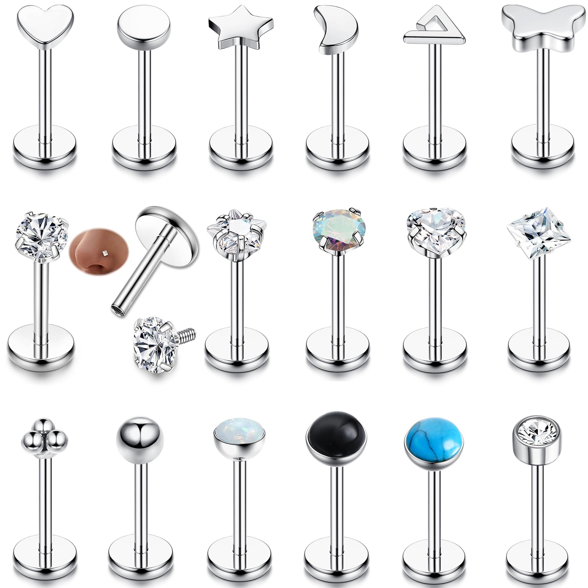 HHRFCS 16G Piercing Helix Biżuteria Gwintowany wkręt do nosa Labret Szpilki Kolczyk w nosie Kolczyki z płaskim tyłem Stal chirurgiczna Helix Hoop Muszla Daith Lip Piercing Tragus Srebrne Złoto