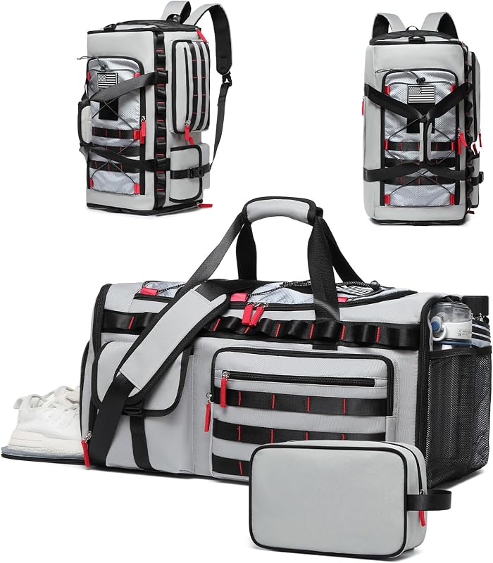 MCBD Gym Bags for Men & Women, 45L Travel Duffle Sports Backpack with Shoes & Laptop Compartment, Large Workout Carry On Bag Weekender Overnight Tote, Grey