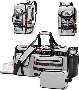 MCBD Gym Bags for Men & Women, 45L Travel Duffle Sports Backpack with Shoes & Laptop Compartment, Large Workout Carry On Bag Weekender Overnight Tote, Grey