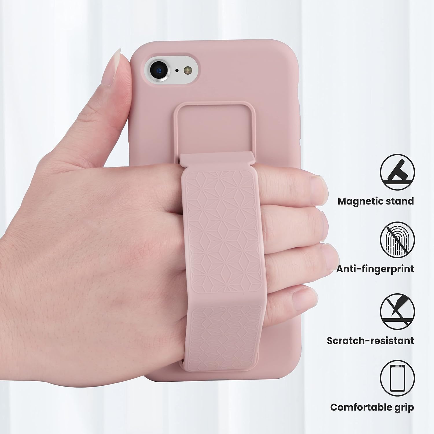 LAUDTEC Silicone Kickstand Case Compatible with iPhone 7/8/SE, Vertical and Horizontal Stand Hand Strap Metal Kickstand Cover, Flexible Soft Liquid Silicone Stand Case for iPhone 7/8/SE (Pink) - Image 6