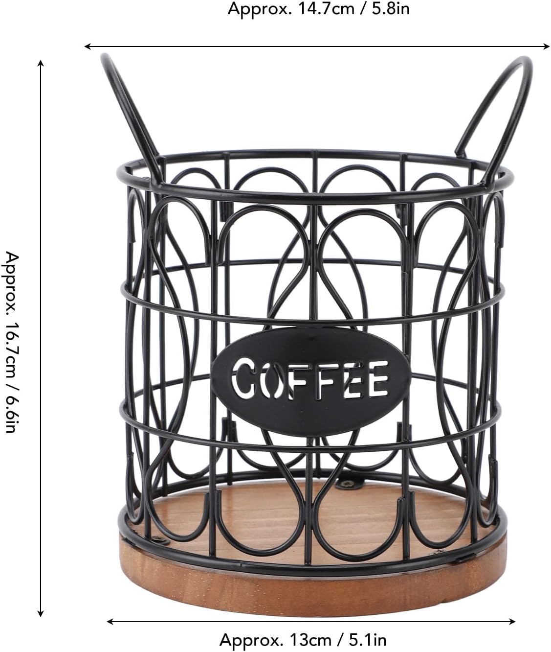 Coffee Pod Storage Basket, Black Wire with Wooden Base, Large Capacity Holder for Espresso Capsules, Modern Coffee Station Organizer