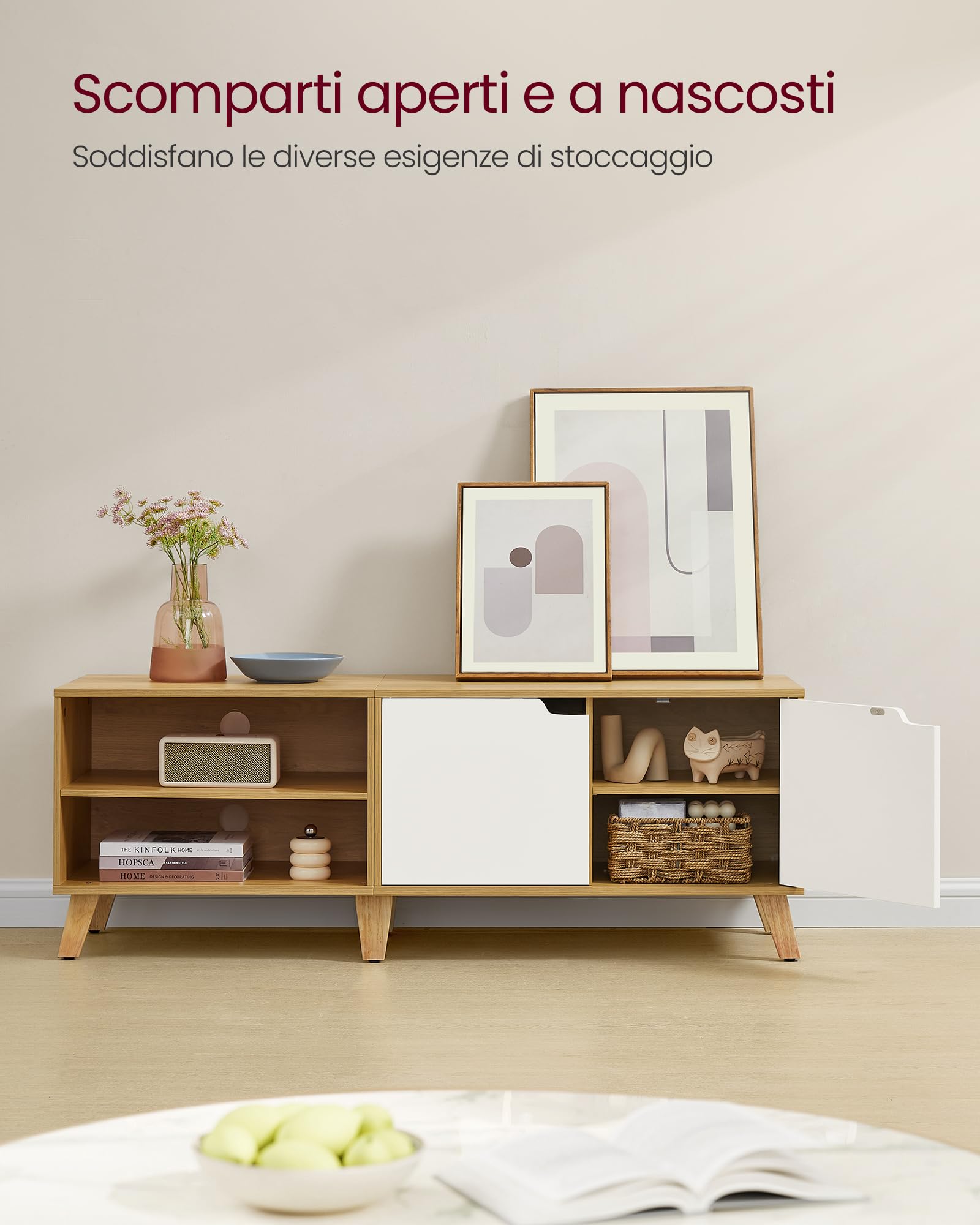 VASAGLE Mobile TV per Televisore fino a 60 Pollici, Armadietto per TV con 2 Ante, Ripiani Regolabili, Lungo 140 cm, per Soggiorno, Camera da Letto, Rovere Naturale e Bianco Crema LTV027N01
