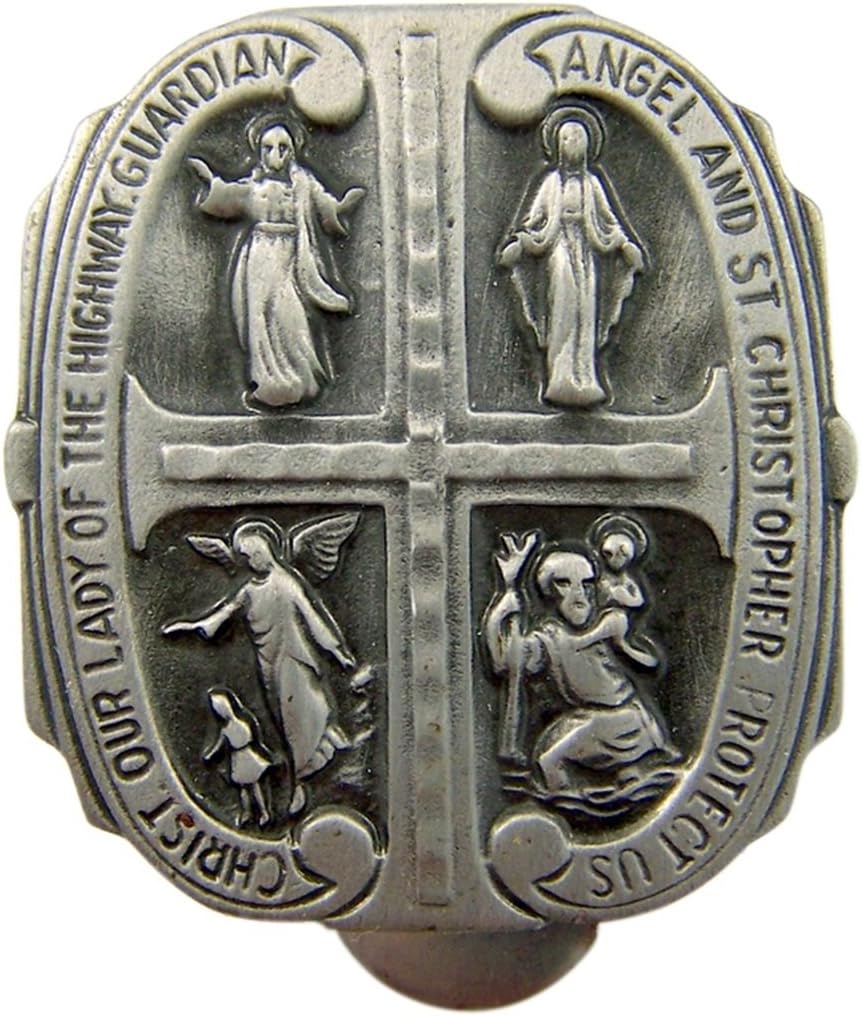 Fine Pewter Four Way Cross Religious Medal Auto Visor Clip, 1 5/8 Inch