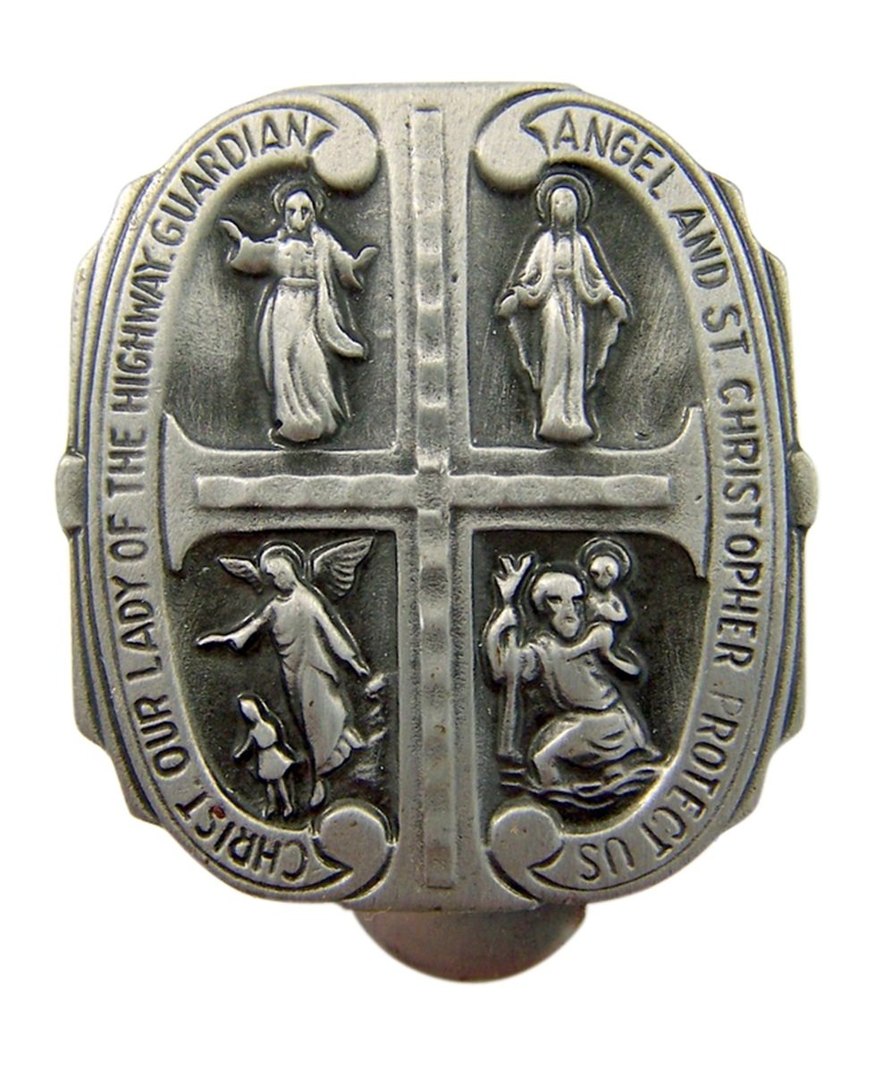 Fine Pewter Four Way Cross Religious Medal Auto Visor Clip, 1 5/8 Inch