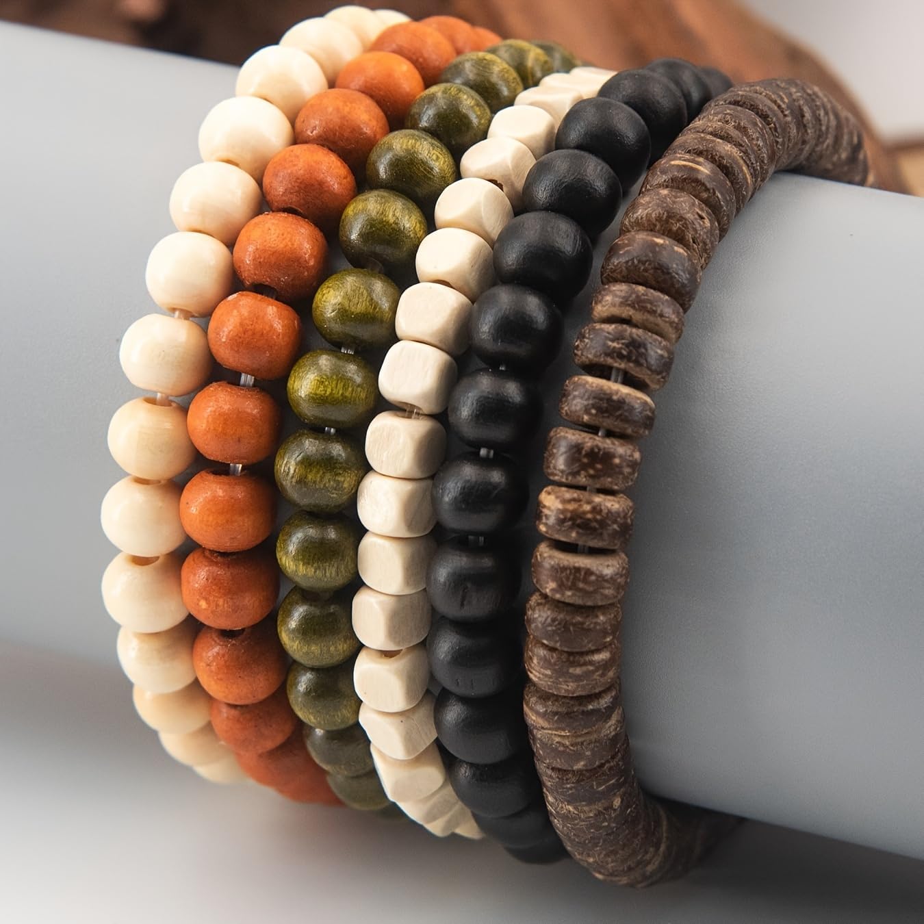 5 Pieces, Womens ans Mens Wooden Bead Bracelets Set, Multi-Color Wood Beads, Bohemian Style Stretch Bracelets - Image 3