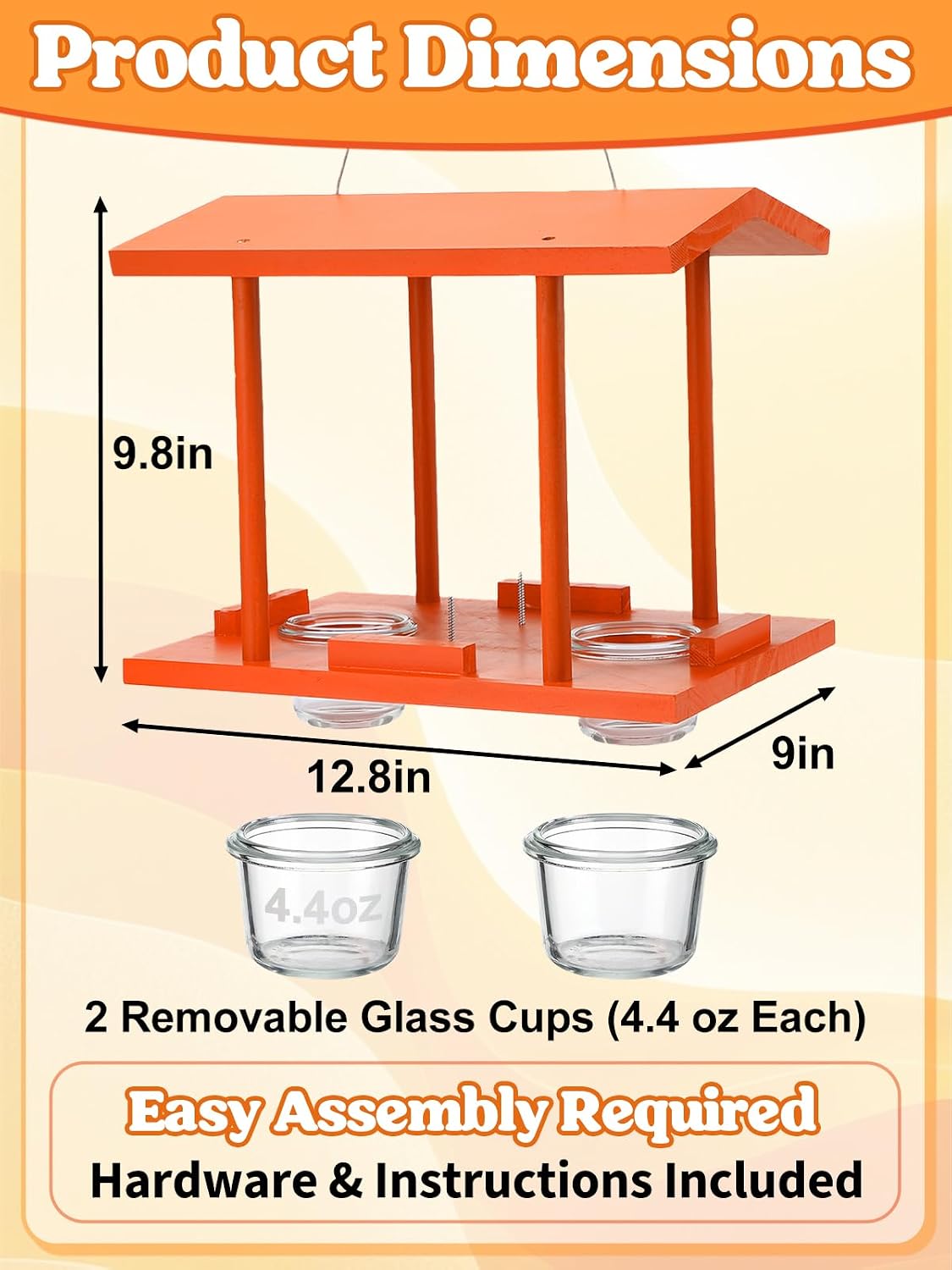 Apipi Hanging Wood Oriole Bird Feeder for Outdoors - 12.8" L Large Platform Baltimore Oriole Jelly Feeder with 2 Removable Glass Bowls, Weatherproof Roof for Backyard/Garden/Patio, Orange
