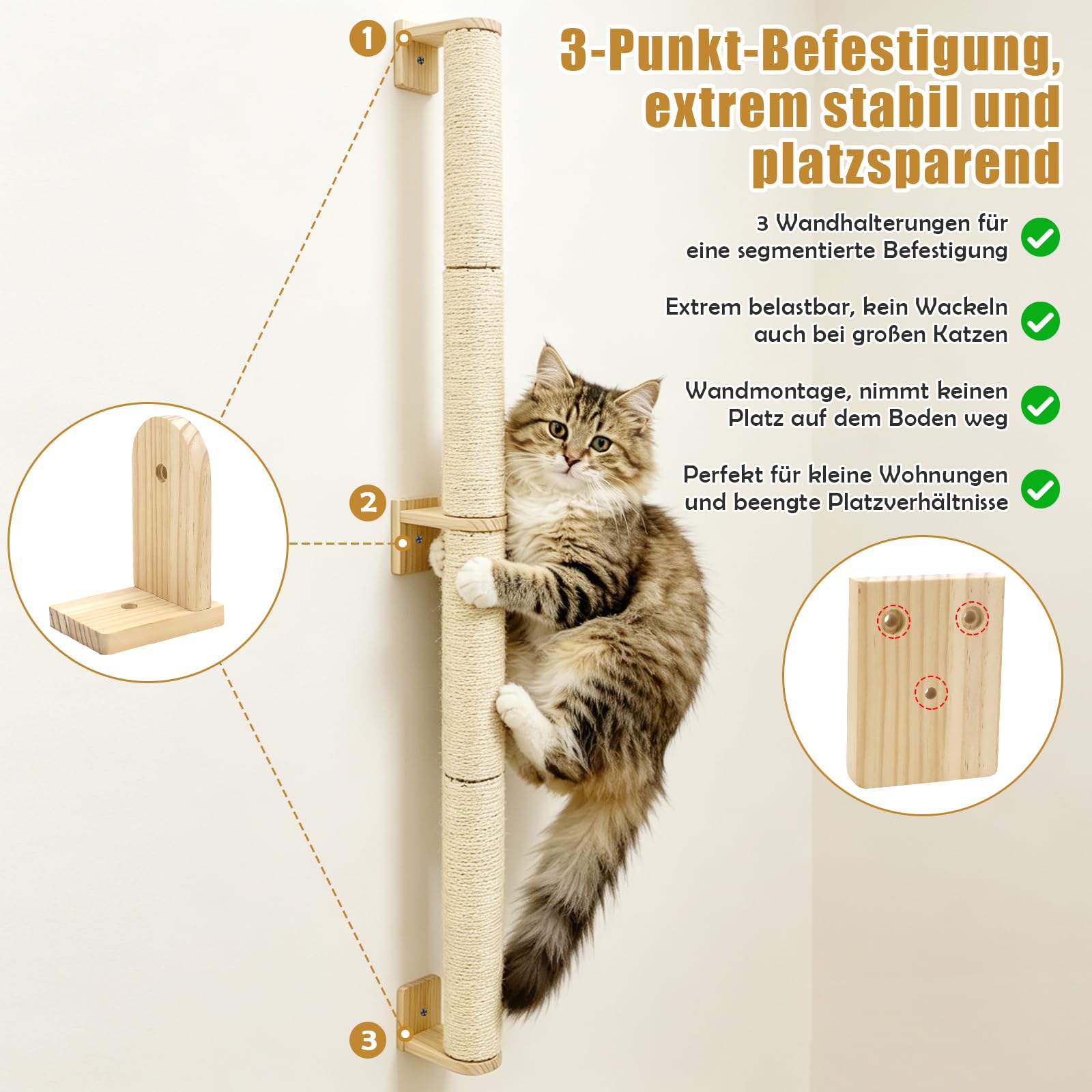 Rascador de repuesto para tronco de sisal, 2 piezas, tronco de sisal, diámetro de 7 x 34 cm, accesorios para rascador, altura de pila 70 cm, con tornillos M8 y llave (beige, pared)
