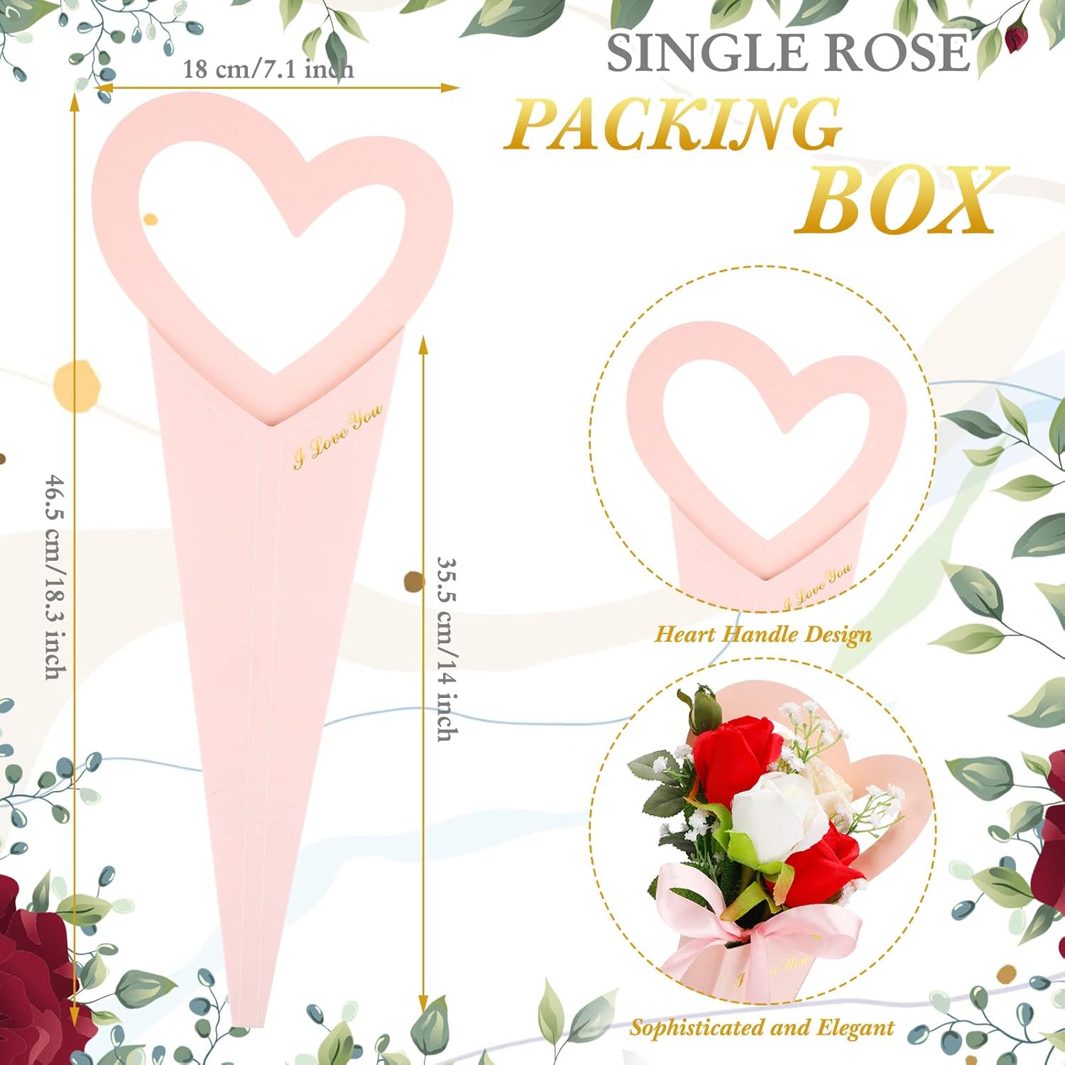 Thenshop 20 Pcs Flower Bouquet Bag 18 x 7 Inch Heart Single Flower Sleeve Love Floral Bouquet Bag Gift Florist Box with Ribbon for Valentine's Day Anniversary Wedding Birthday Party(Pink)