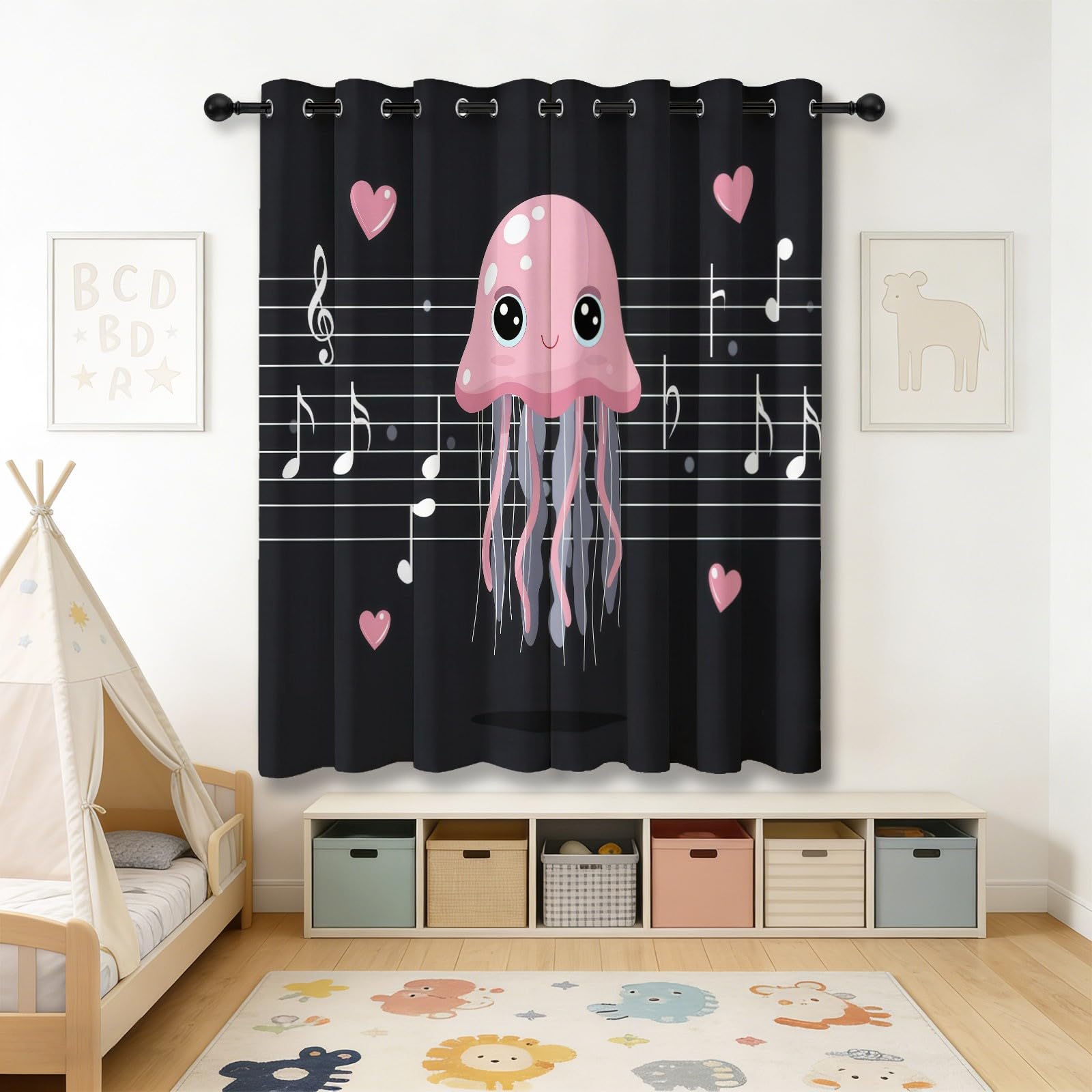 Generisch Cartoon Tiere Verdunkelungsvorhang, Qualle Notenlinien Herz Noten Bedruckter Wärmeisoliert Vorhänge mit Ösen, Schwarz Vorhang für Schlafzimmer Wohnzimmer, H215 x B110 cm x 2 Vorhänge