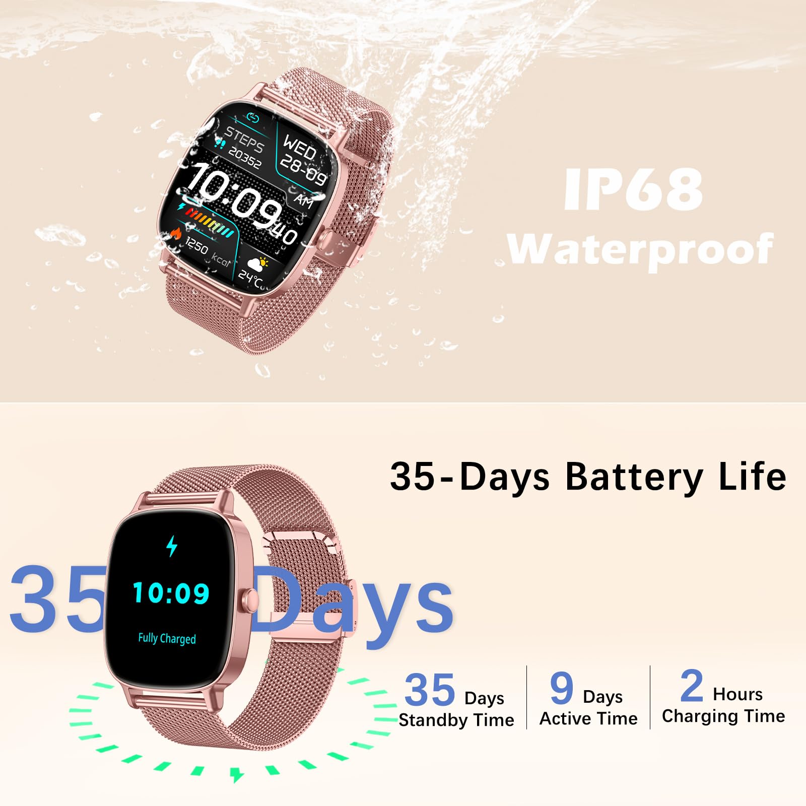 Reloj Inteligente Mujer,Respuesta/Realización Llamadas,Pantalla Ultra Nítida 1.85''HD,Monitor Fitness Tracker Frecuencia Cardíaca,Sueño/SpO2,Compatible IOS/Android,120+Modos Deportivos,IP68 y 2Correas - 3
