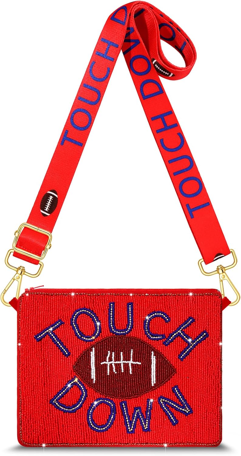 Game Day Beaded Purse for Women White Blue Football Purse Sports Crossbody Shoulder Bag Football Mom Accessories Outfits Gift