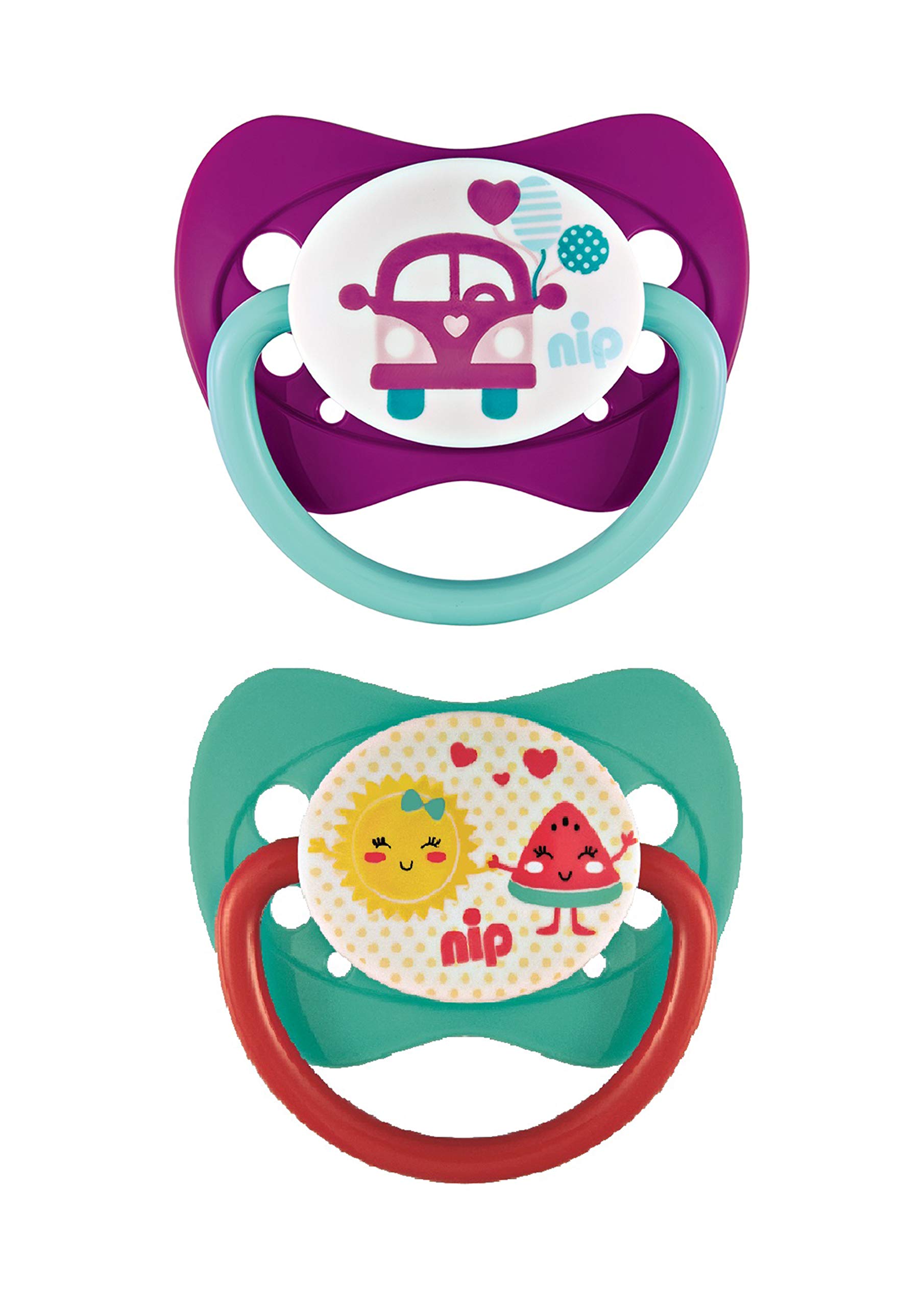 Nip, Family Soothers, Orthodontically Shaped, Soft Teat, Made Of Silicone, BPA-Free, 0-6M, Bus & Fruit