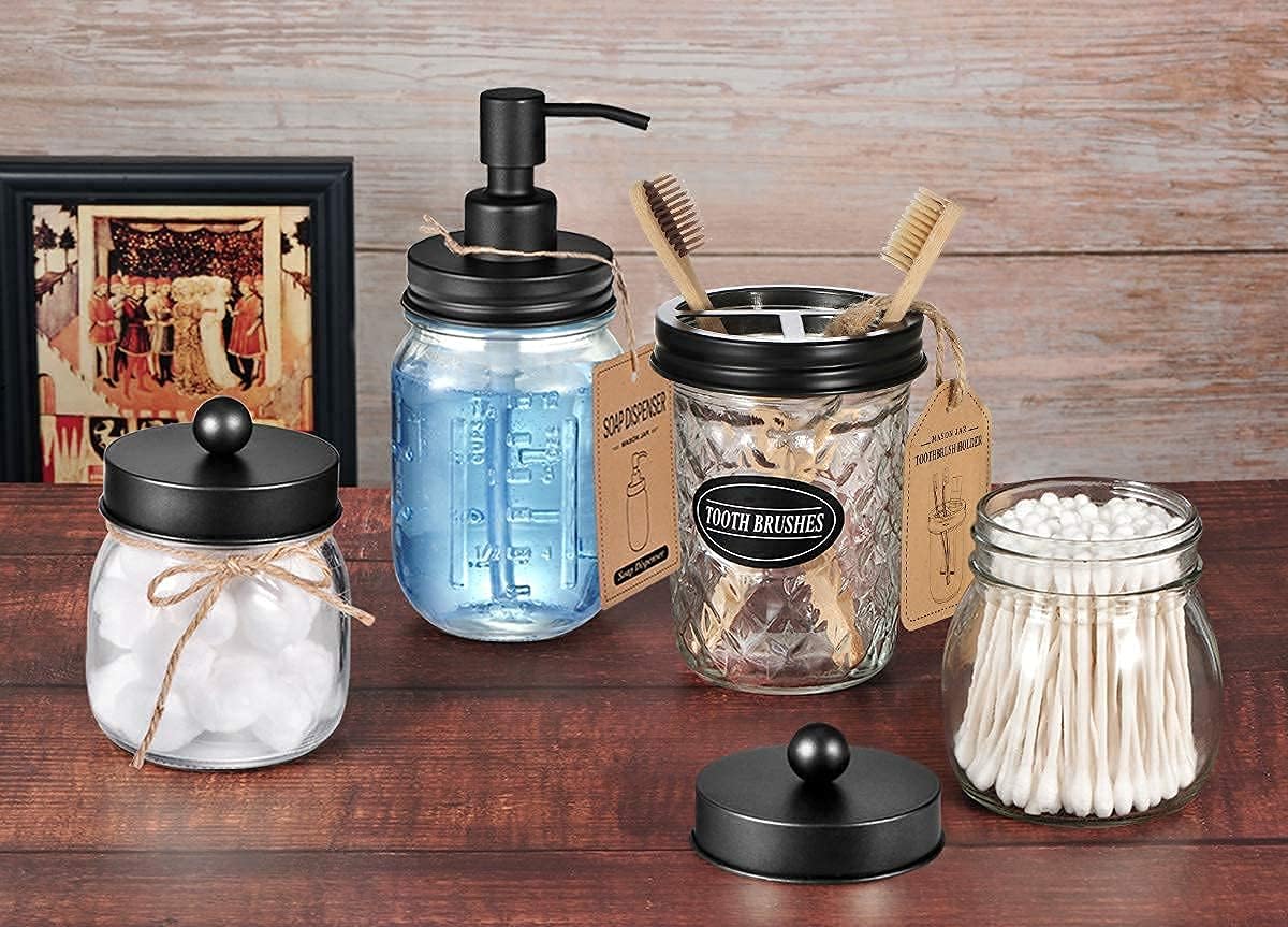 Amolliar 4PCS & 2pcs Black Mason Jar Bathroom Accessories Set-3 pcs Lotion Soap Dispenser & 2 pcs Cotton Swab Holder &1pcs Toothbrush Holder,Waterproof Stickers,Rustic Farmhouse Decor