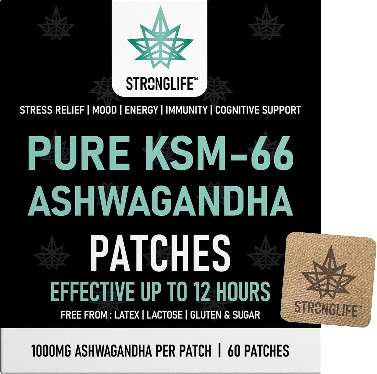 Pure Ashwagandha KSM-66 1000mg Transdermal Patches – 60 Patches for Stress Relief, Energy, and Mental Clarity | High Absorption, Like Capsules and Powder, Easy to Use, Long-Lasting.