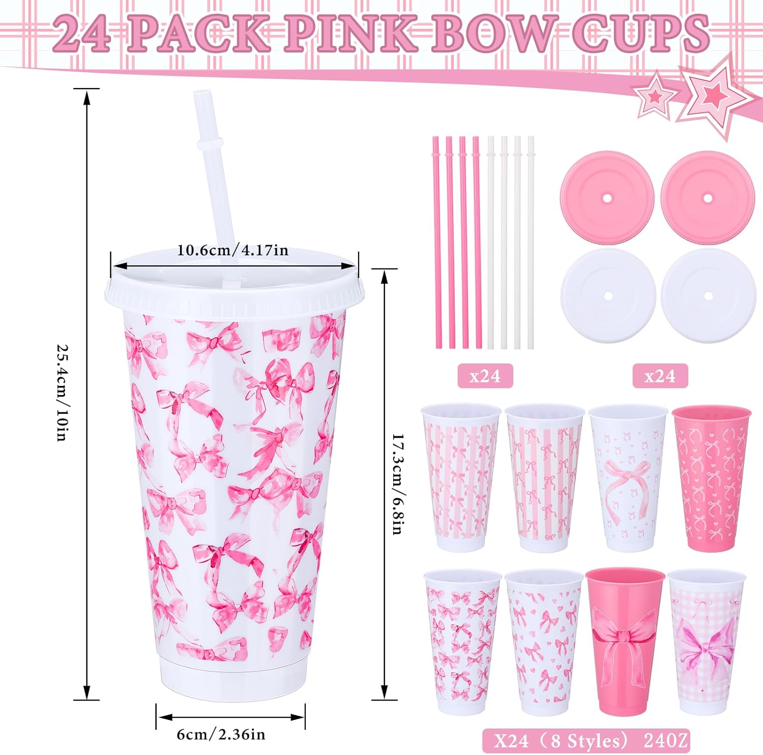 Skylety 24 Pcs 24 oz Pink Bow Tumbler Cups with Straw and Lid Coquette Bow Themed Party Favors 8 Design Reusable Preppy Plastic Travel Cup Gift Birthday Bridal Shower Supplies Decorations - Image 2