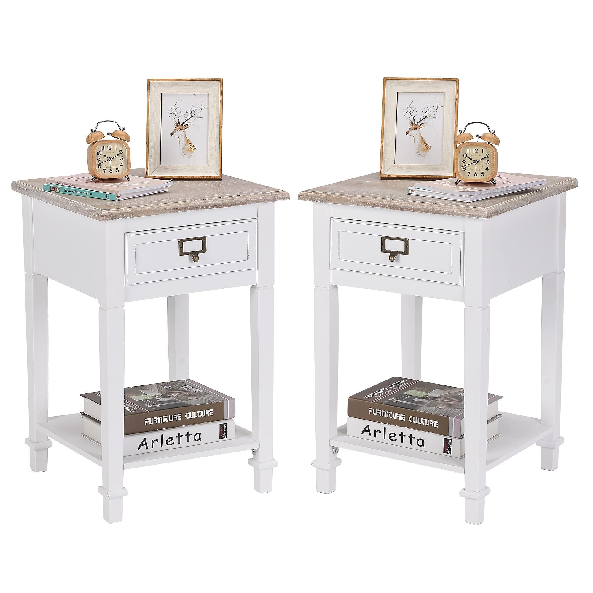 Wnutrees Rustic Farmhouse Accent End Table, Nightstand Side Tables with Drawers and Open Storage Shelf for Living Room, Wooden Top, Handcrafted Finish, Set of 2, White