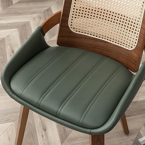 Miniatura 7 de Juego de 4 sillas de cocina y comedor, sillas de comedor verdes con marco de madera curvada de nogal, respaldo ergonómico de ratán, brazos curvos,