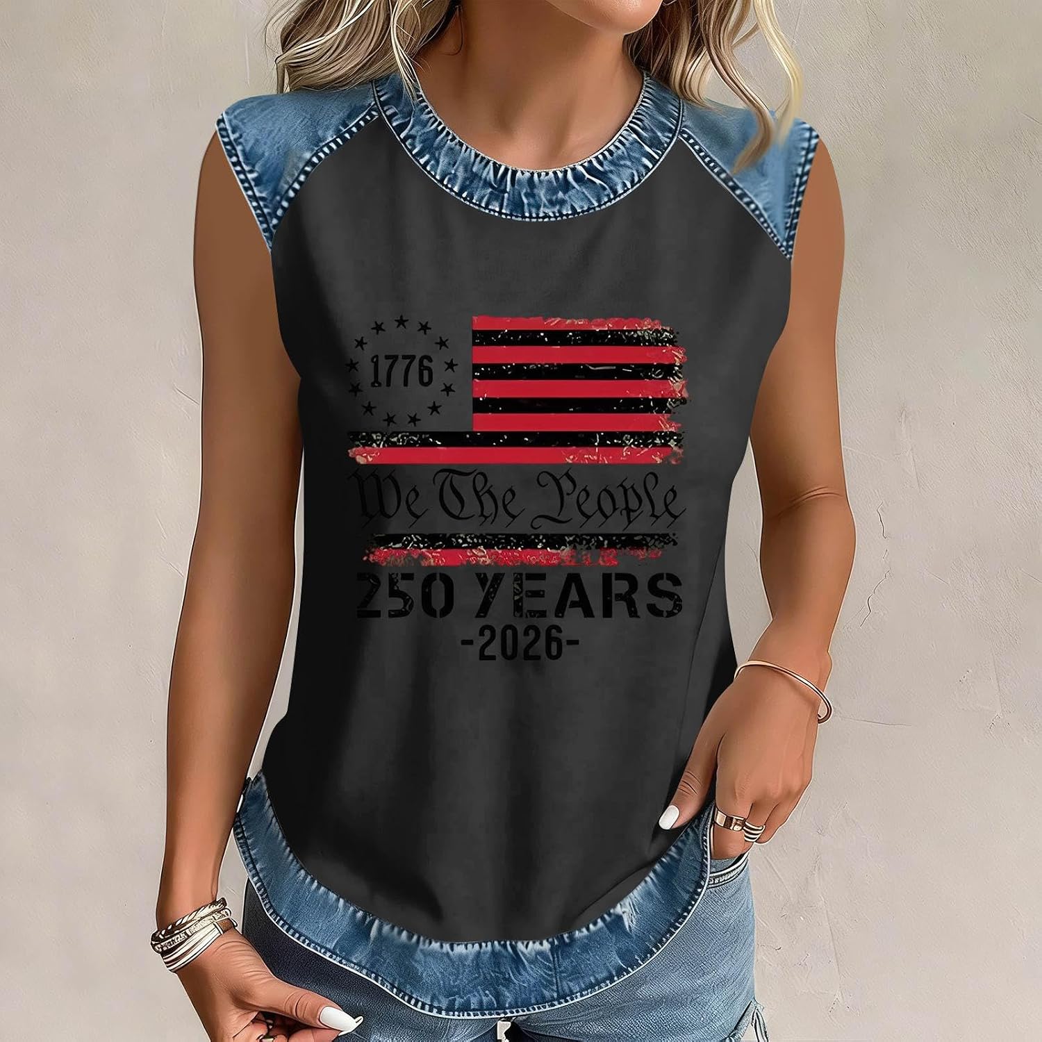 Womens Independence Day Tank Tops Sleeveless 4th of July Patriotic Blouses 250th Anniversary USA Denim Trim T-Shirts