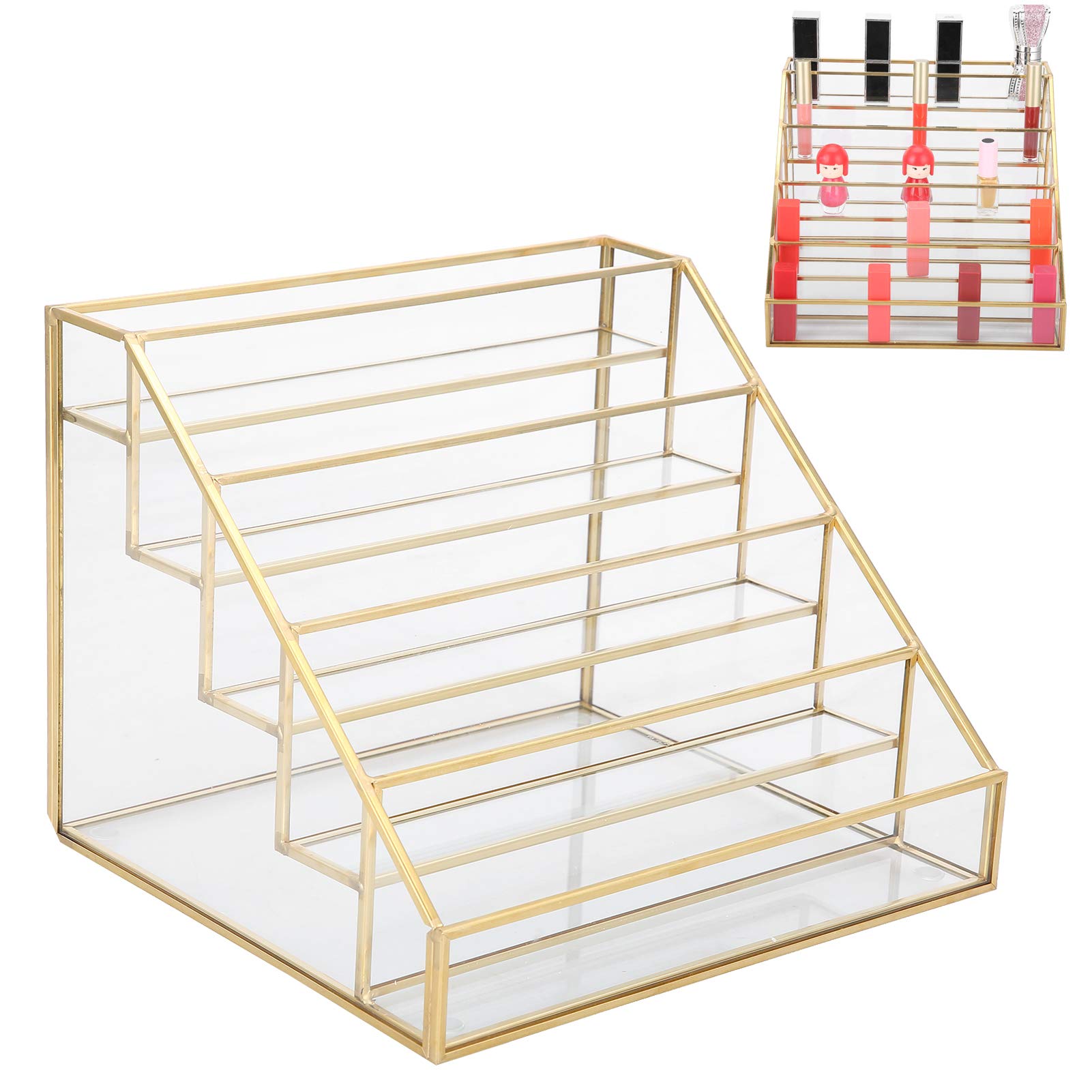 Brrnoo Porta Smalti Espositore Organizer Trucco Scaffale Trapezoidale 5 Ripiani Vetro Rame con Superficie Trasparente Lucida per Smalti Oli Essenziali Lucidalabbra Balsamo (Piccola)