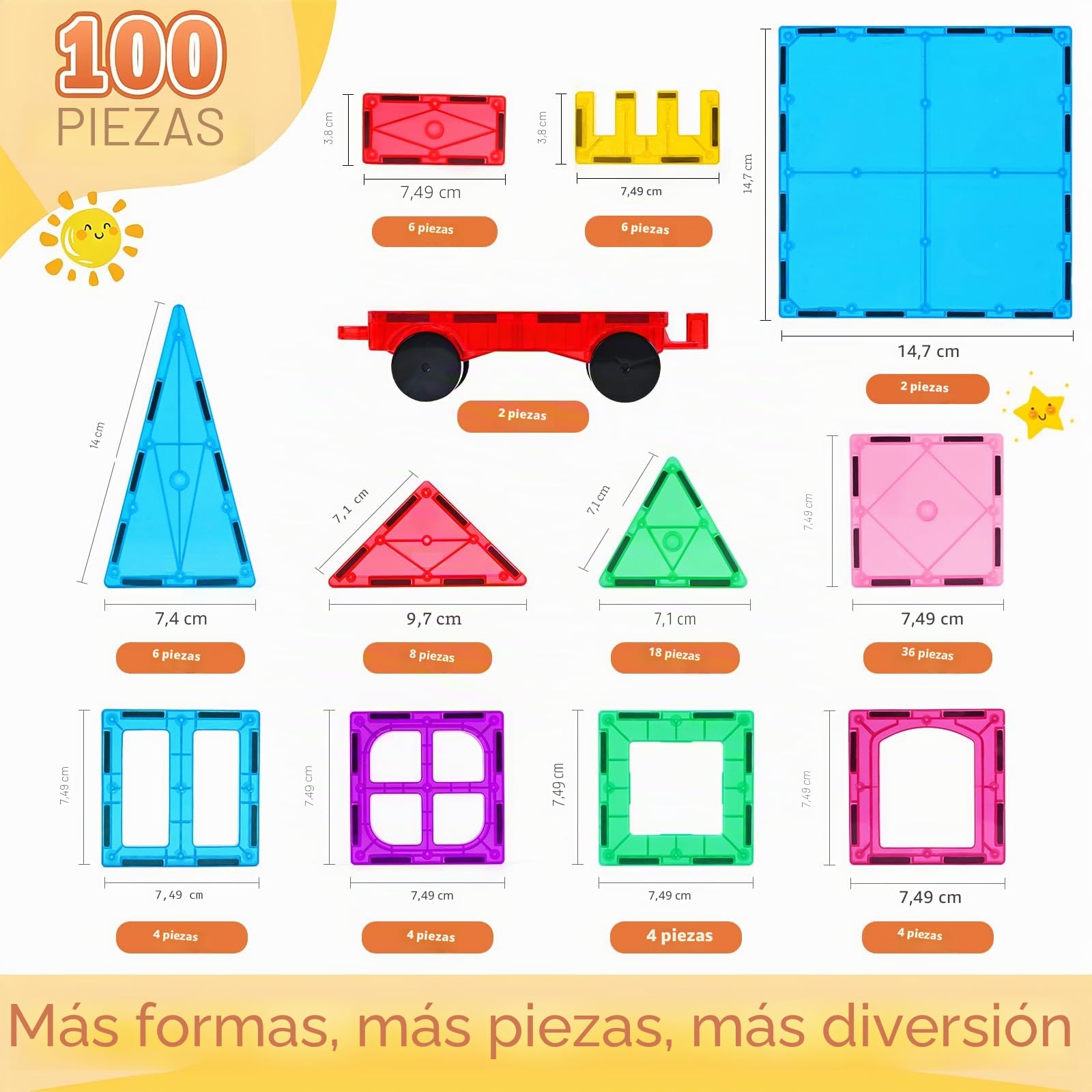 Katiago Construcciones Magneticas Niños, 100 Piezas Fuertes Bloques Magneticos Construccion para Niños de 3 4 5 6 años, Juego Imanes Niños con 2 Coches