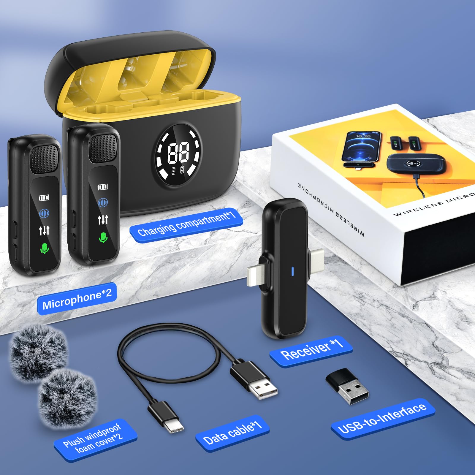 Microfono Lavalier Wireless,Mini Microfono Vlog con Display Digitale, Custodia di Ricarica,Cancellazione del Rumore,Microfono Wireless Lavalier 3 in 1 per La Registrazione Video (Giallo)