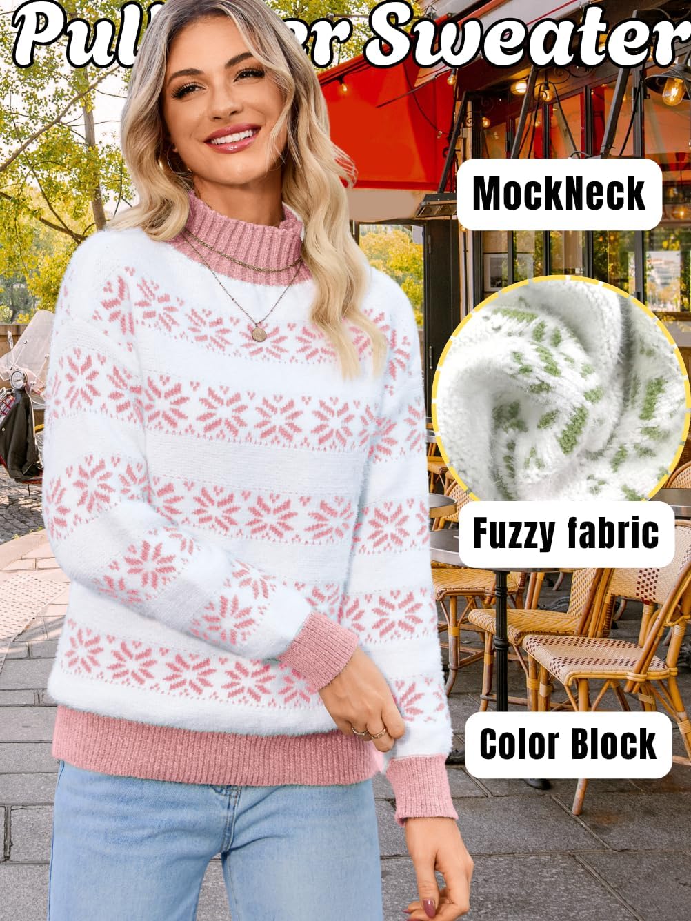 Women's Fuzzy Snowflake Sweater, Mock-Neck Long Sleeve Loose Pullover, Winter Warm Knit Top for Casual & Holiday - Image 3