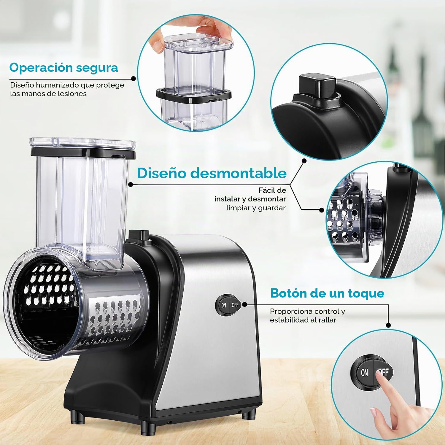 Nictemaw Cortador de verduras eléctrico, multifuncional, 5 en 1, 250 W, acero inoxidable, gran calibre, rallador de queso con 5 cuchillas para diferentes verduras | Rallador multifunción con 5 cuchillas intercambiables. Ideal para queso, verduras y uso di