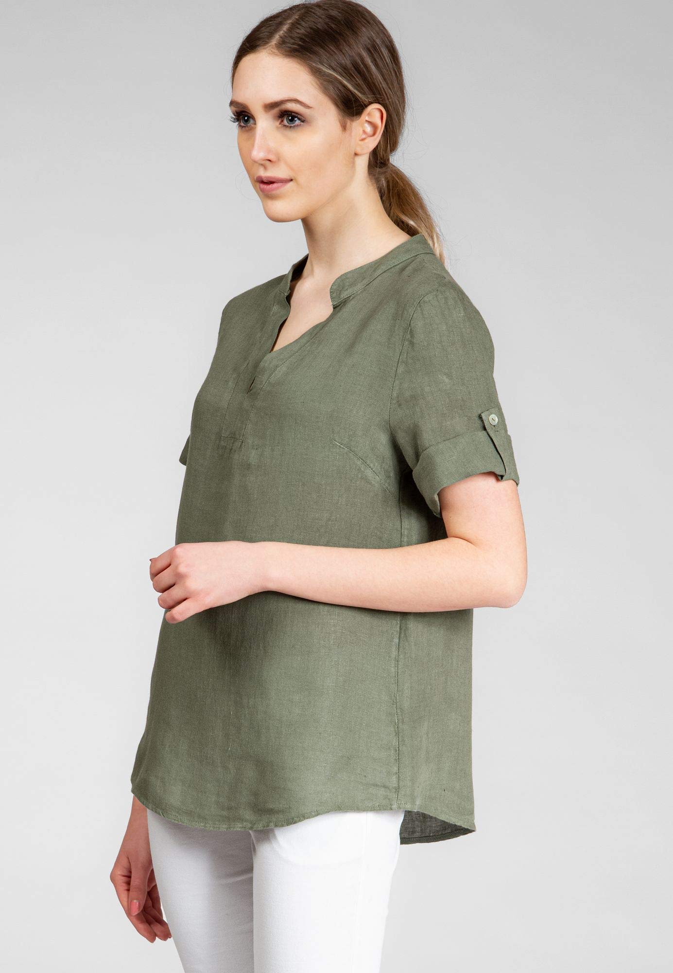 Caspar BLU024 Elegante Damen Halbarm Sommer Shirtbluse aus Leinen mit V-Ausschnitt