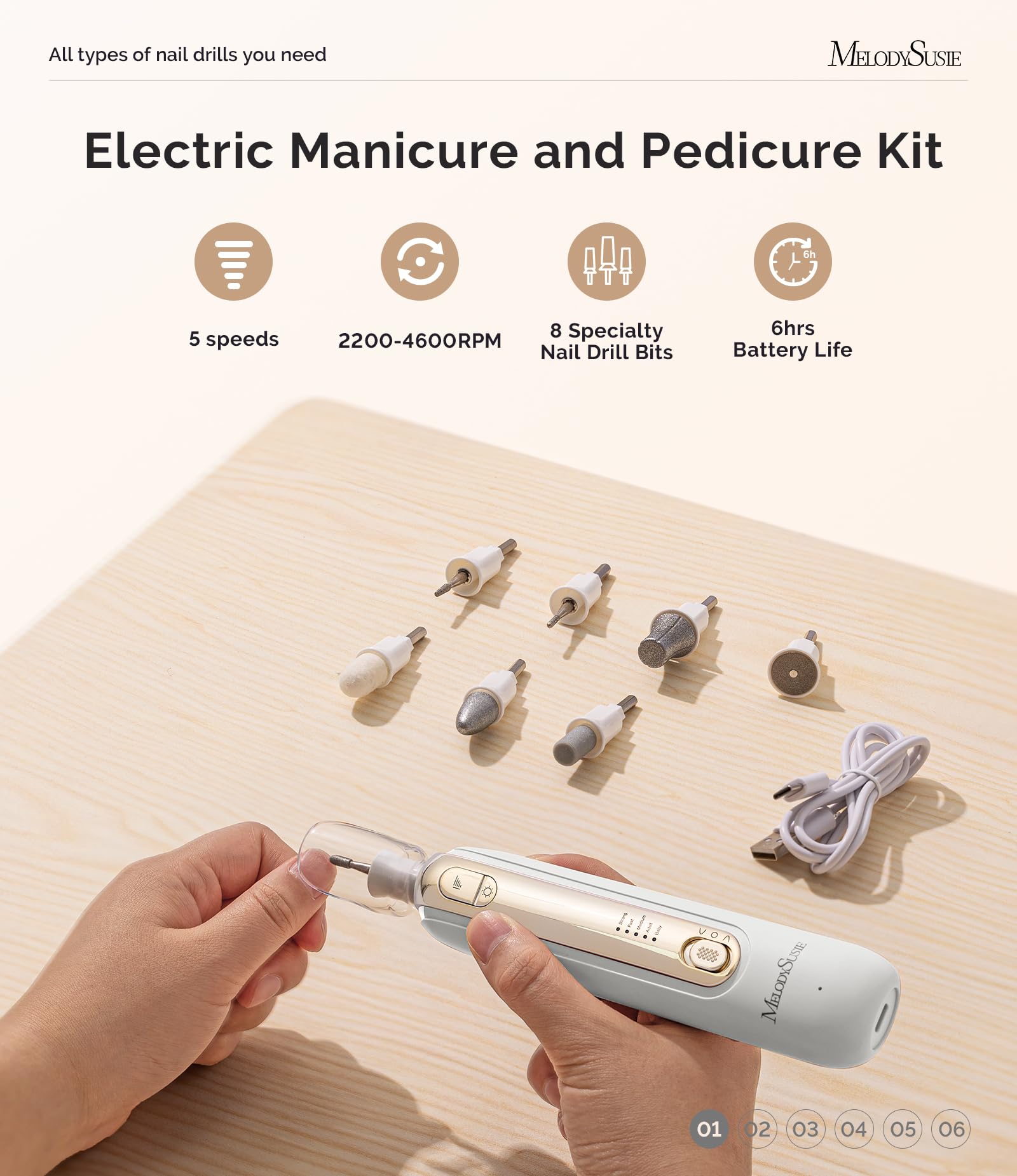 Melodysusie Electric Manicure and Pedicure Kits with 8 Drill Bits PC760G Portable Rechargeable Electric Foot File with 5 Modes Professional Nail File with Led Light Toenail File for Thick Nails (Gold) - Image 2