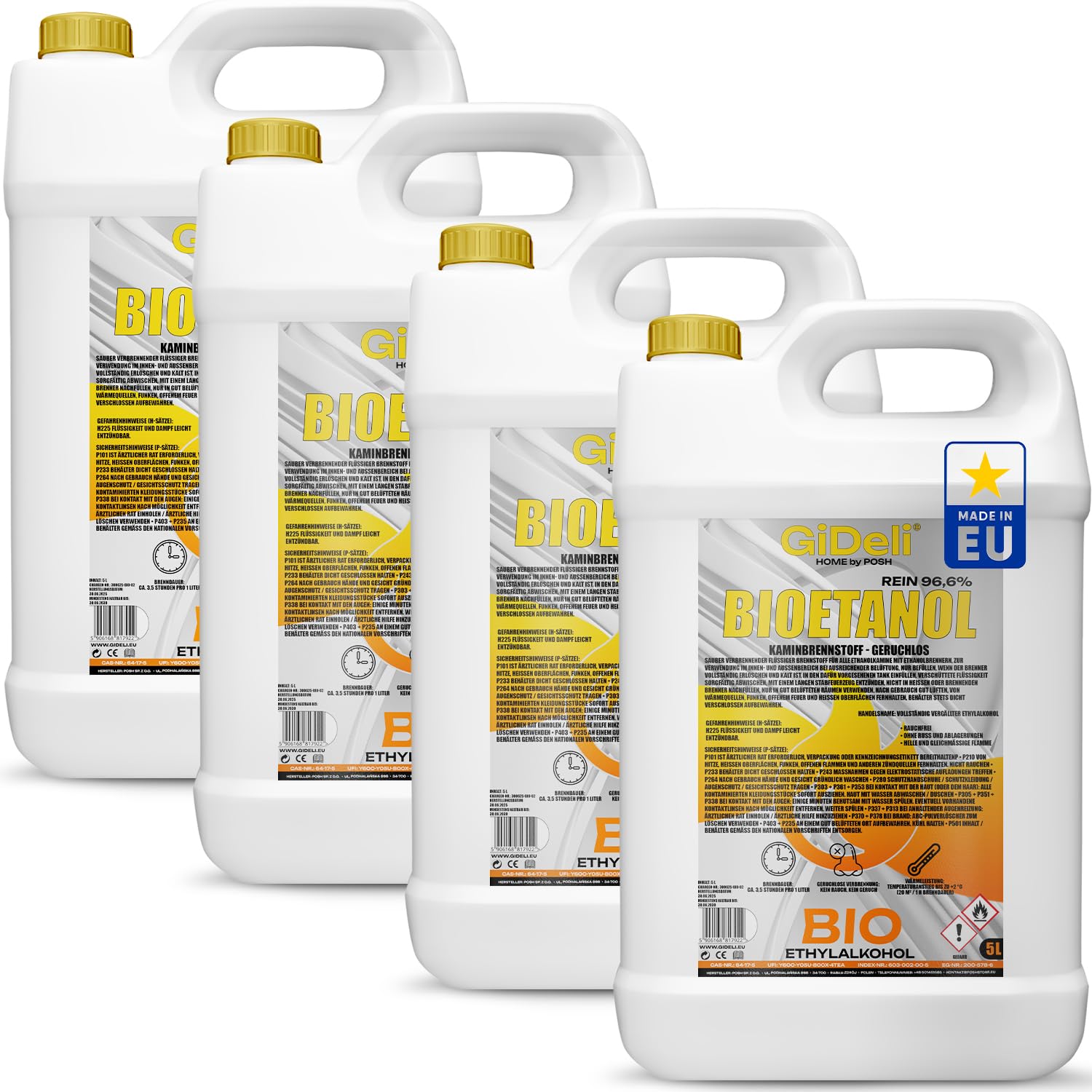 GiDeli Bioethanol 96,6% Geruchlos 4x5L Ethanol für Tischkamin, Kamin Indoor & Outdoor - Rauchfrei und Rußfrei - Aus Mais & Zuckerrüben