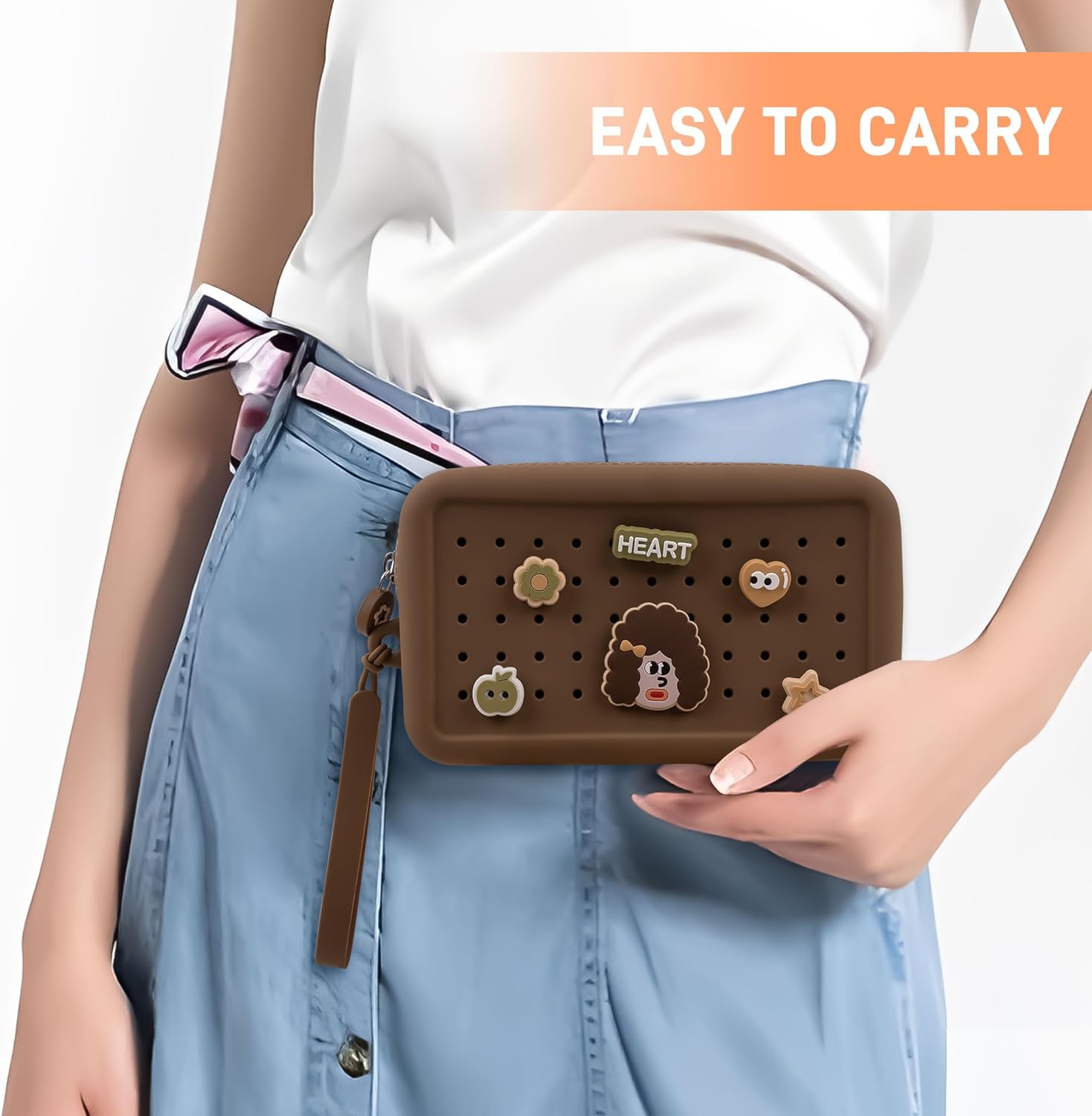 Wristlet Wallets with Charms DIY Portable Clutch Zip Silicone Purse Large Capacity Organizer