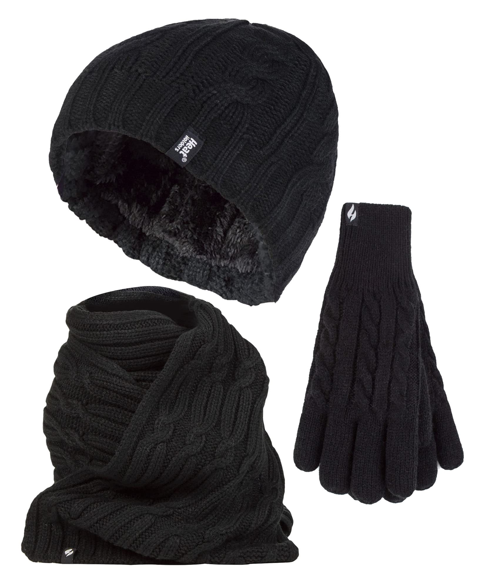 Heat Holders Women's Black Knitted Thermal Hat Scarf & Gloves Set For Cold Weather In | Size: Small/Medium