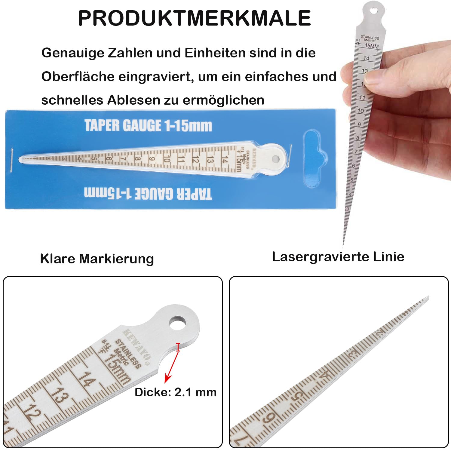 Gap Taper Gauge, 1-15mm 1/32-5/8 pollici in acciaio inox Gap Taper saldatura spessore calibro Gage Test Ulnar, pollice metro foro ispezione misura strumento