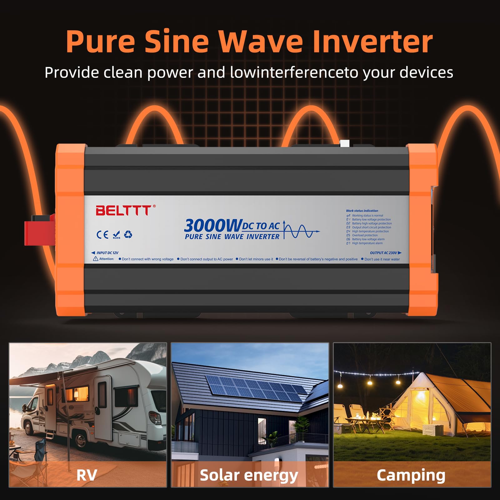 Rewing 3000W Power Inverter 12V to 240V (220V-250V) AC Pure Sine Wave Inverter,Car Inverter DC 12v to AC 230V UK with AC Sockets Dual Car Adapter With LED Display Suitable for Travel, RV, Camping — view 5