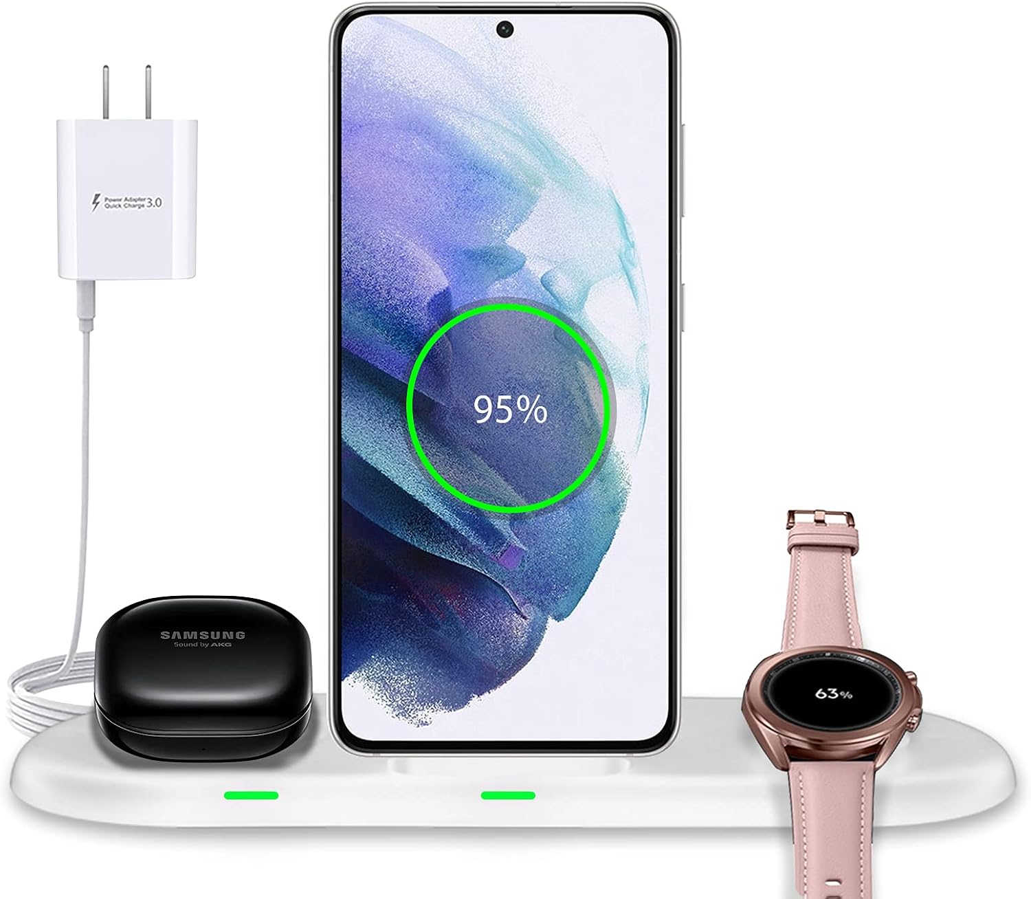 Wireless Charging Station 3 in 1, Fast Wireless Charger for Samsung Galaxy Watch 4, Active 2 Series and Galaxy Buds Series, Phone Charger Stand Dock Compatible with Samsung Galaxy S22 S20 Note(White)
