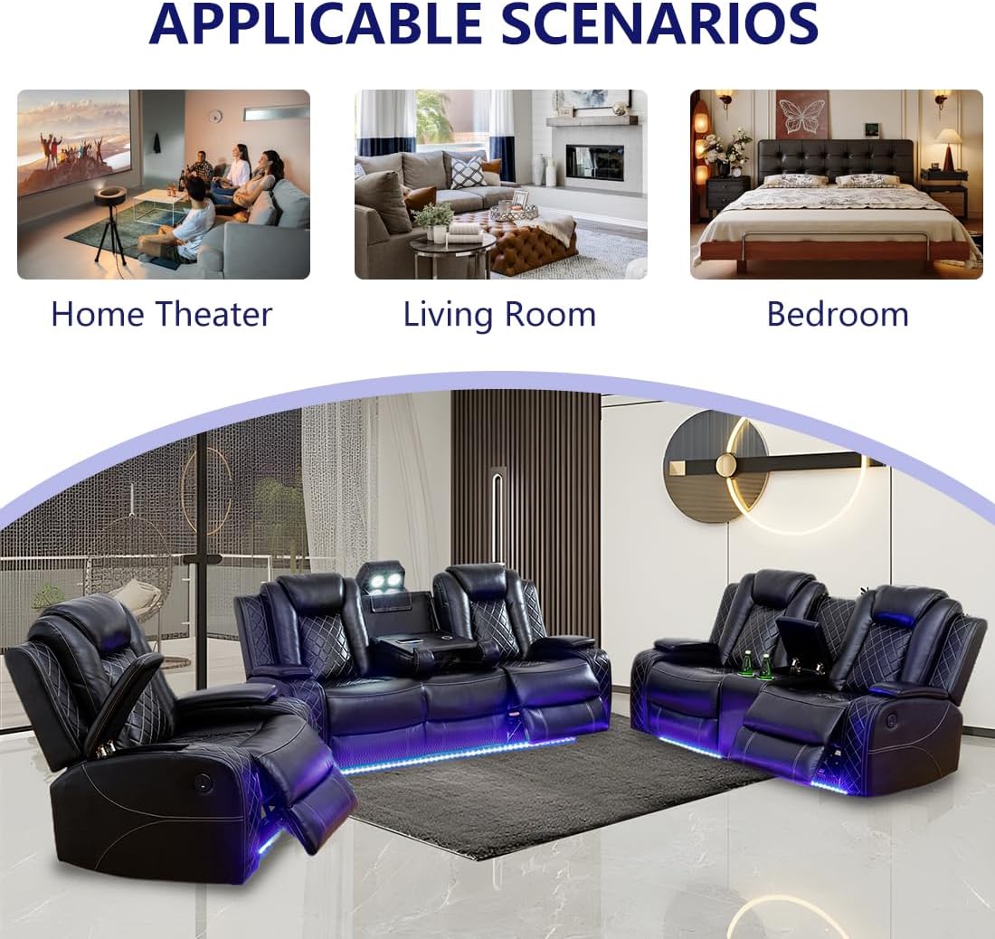 Black Leather Power Recliner Sofa Set, 2 Piece Reclining Sofa and Loveseat Set, Luxury Reclining Loveseat Couch Recliner Sets with Coffee Table, Living Room Furniture for House/Home Theater