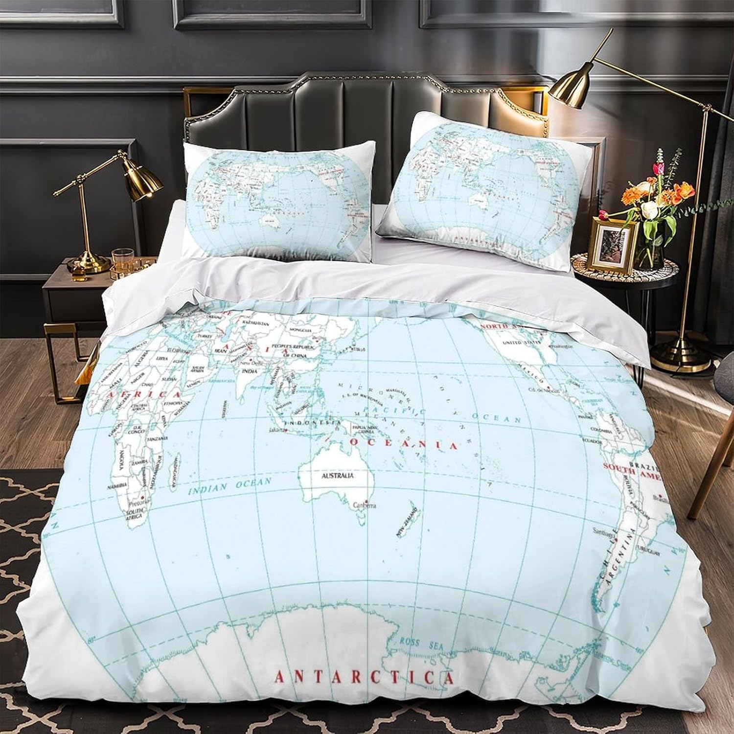 Funda Nordica Cama 105 Juvenil Mapa del Mundo Funda Edredon 200x200 Azul Claro 3D Fundas de Edredón Microfibra Suave Ropa de Cama de 3 Piezas con Cremallera y 2 Fundas de Almohada K-1349