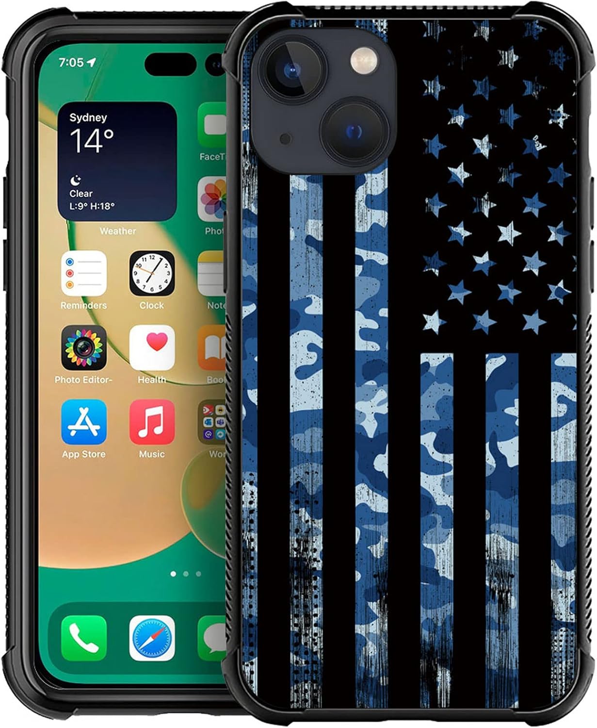 Compatible with iPhone 14 Case,Blue Camo American Flag Soft TPU Bumper Shockproof Tempered Glass Back Cover Case for iPhone 14 Blue Camo American Flag iPhone 14(6.1 inch)
