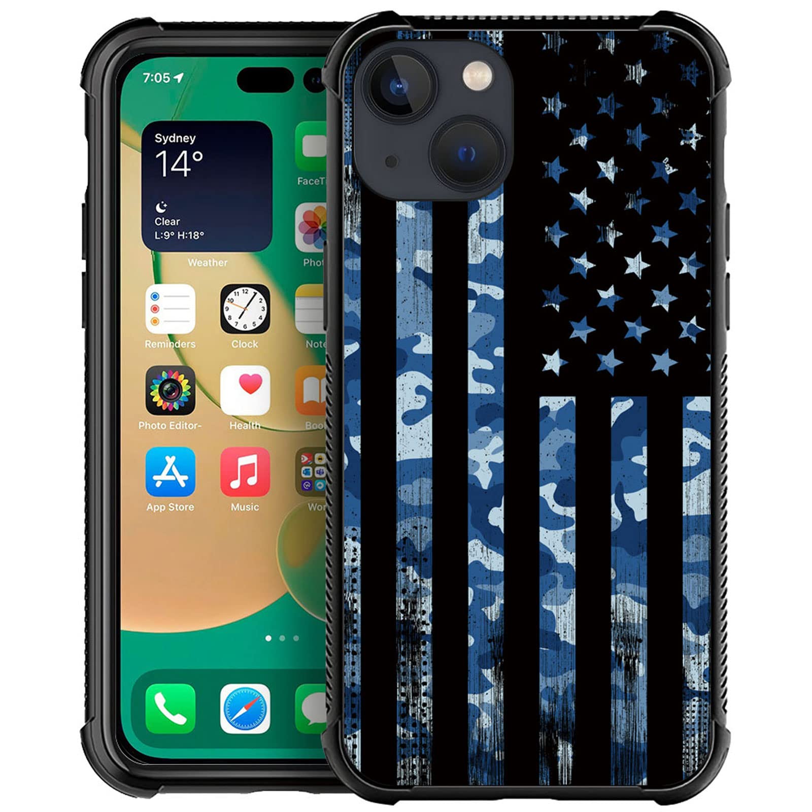 Yesad Compatible with iPhone 13 Case,Blue Camo American Flag Soft TPU Bumper Shockproof Tempered Glass Back Cover Case for iPhone 13