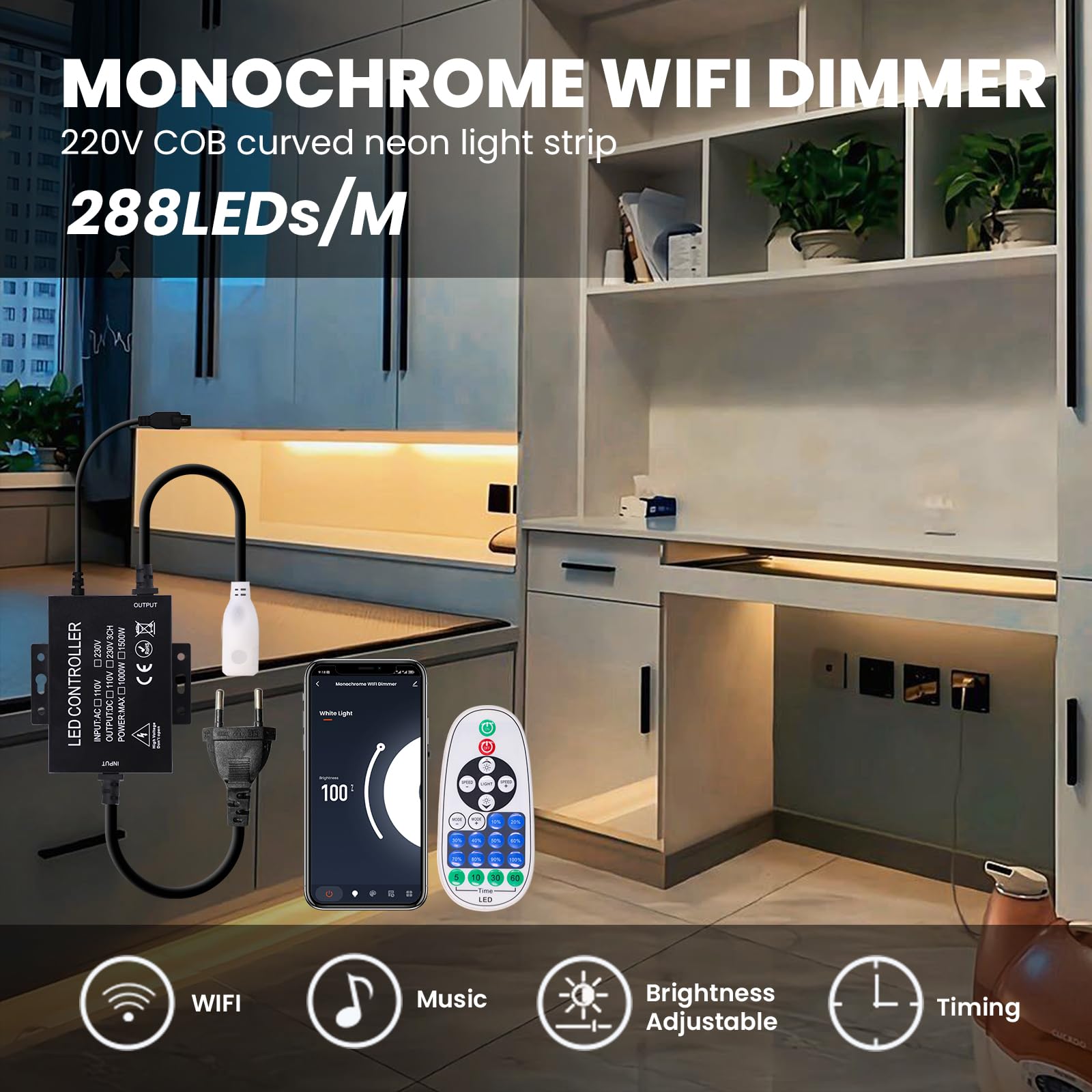 KISUFU Tira de LED COB 220V, IP65 Impermeable 288 LEDs/m Tira Neón Luces Flexible Cada Corte de 50cm, Tira de LED COB con WiFi 1500w 23 teclas ir dimmer monocromático para dormitorio, cocina.