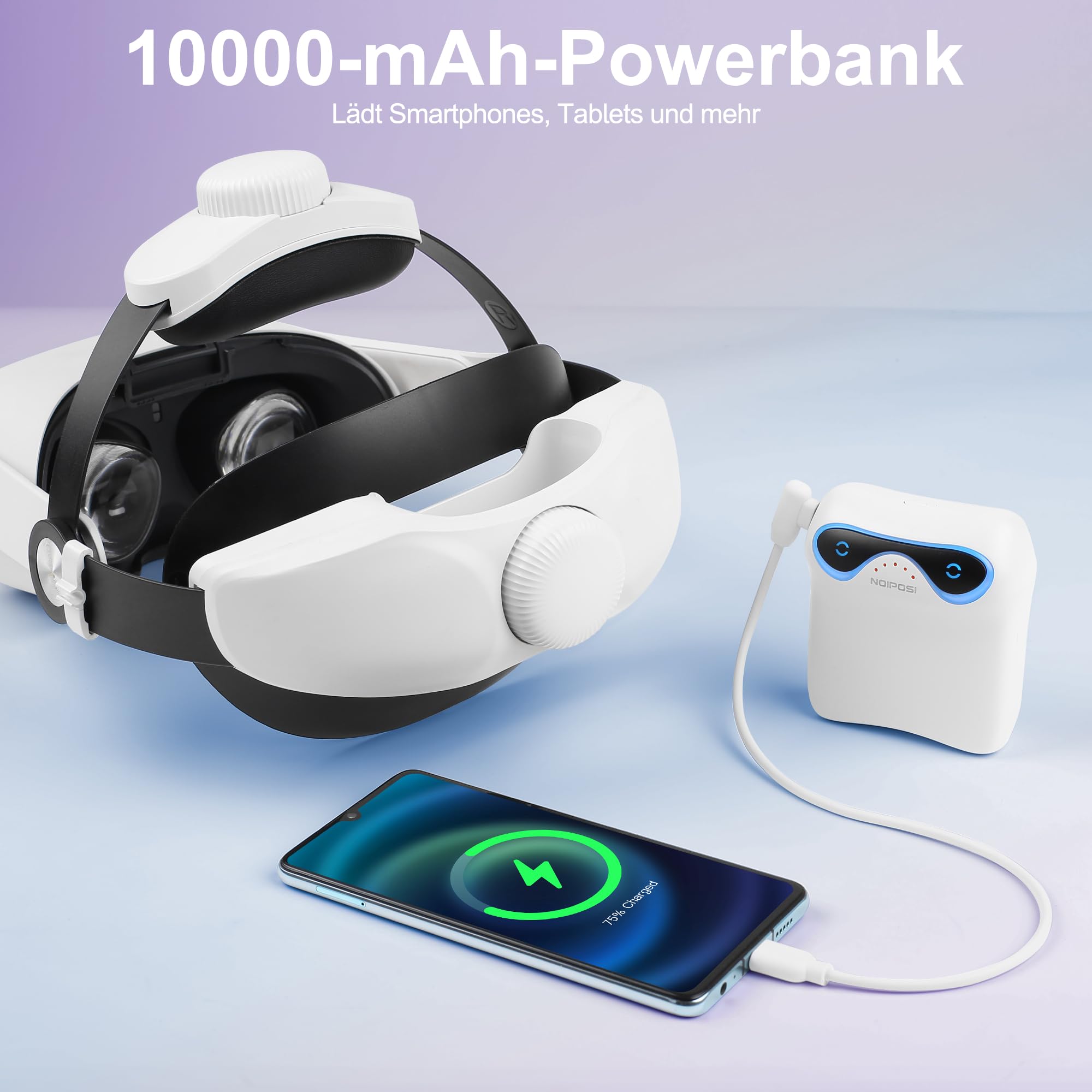Noiposi Sangle de casque avec batterie de 10 000 mAh pour Meta Quest 3s/3/Quest 2, double bouton Elite Strap de rechange, bande d'accessoires pour casque VR Support et confort améliorés et pression