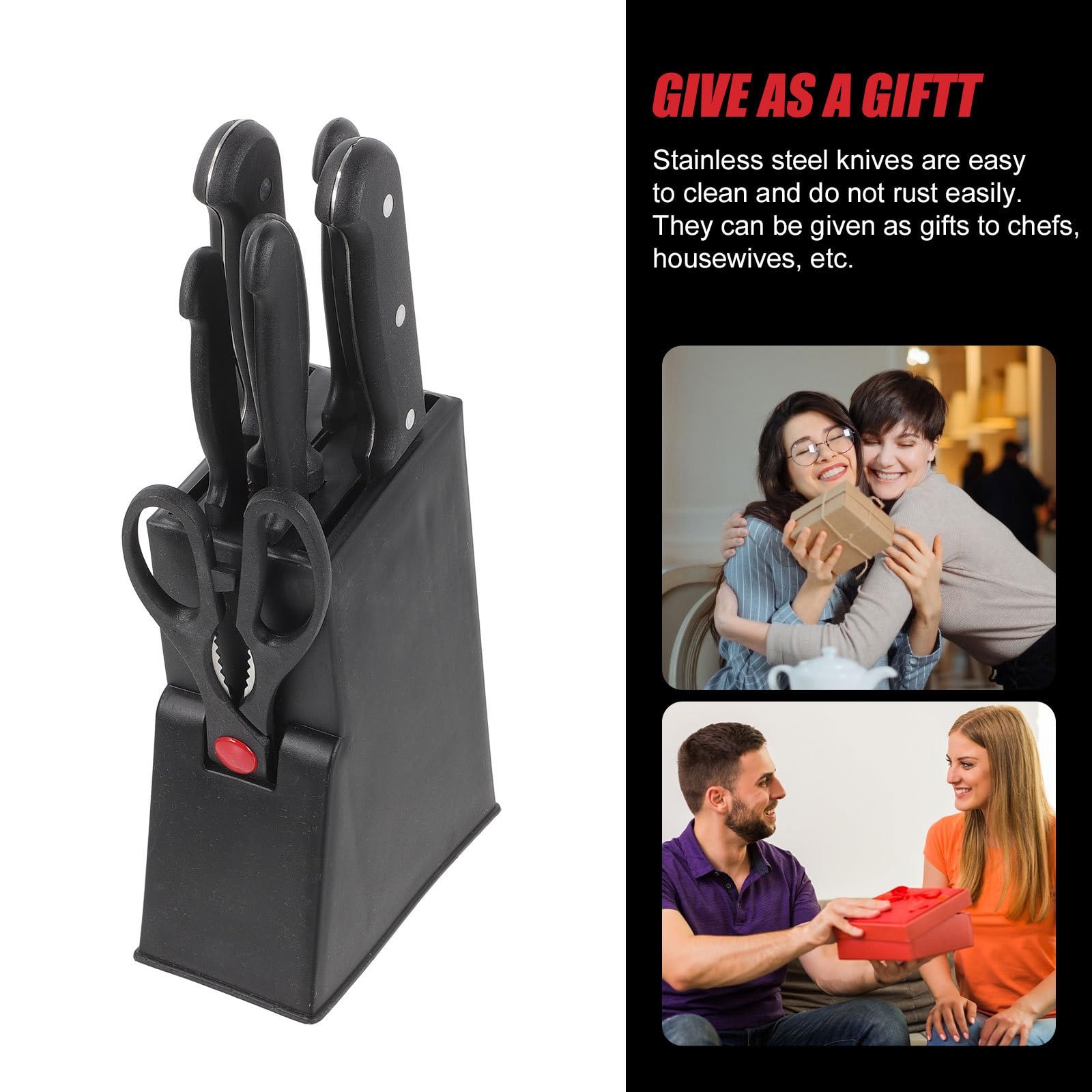 Ensemble de Couteaux Cuisine en Acier Inoxydable, Lot de 8 Set de Noir | Bloc de Rangement, Entretien Facile, Compatible Lave-vaisselle, Gain de Place, Usage Quotidien