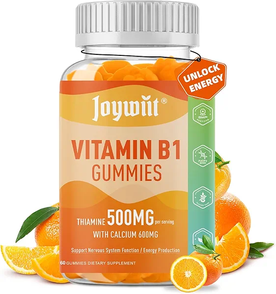 Joywiit Vitamin B1 Gummies 500mg, Chewable Thiamine B1 Supplement for Adults, with 600mg Calcium Citrate, Support Nervous System, Vegan, Natural Orange Flavor