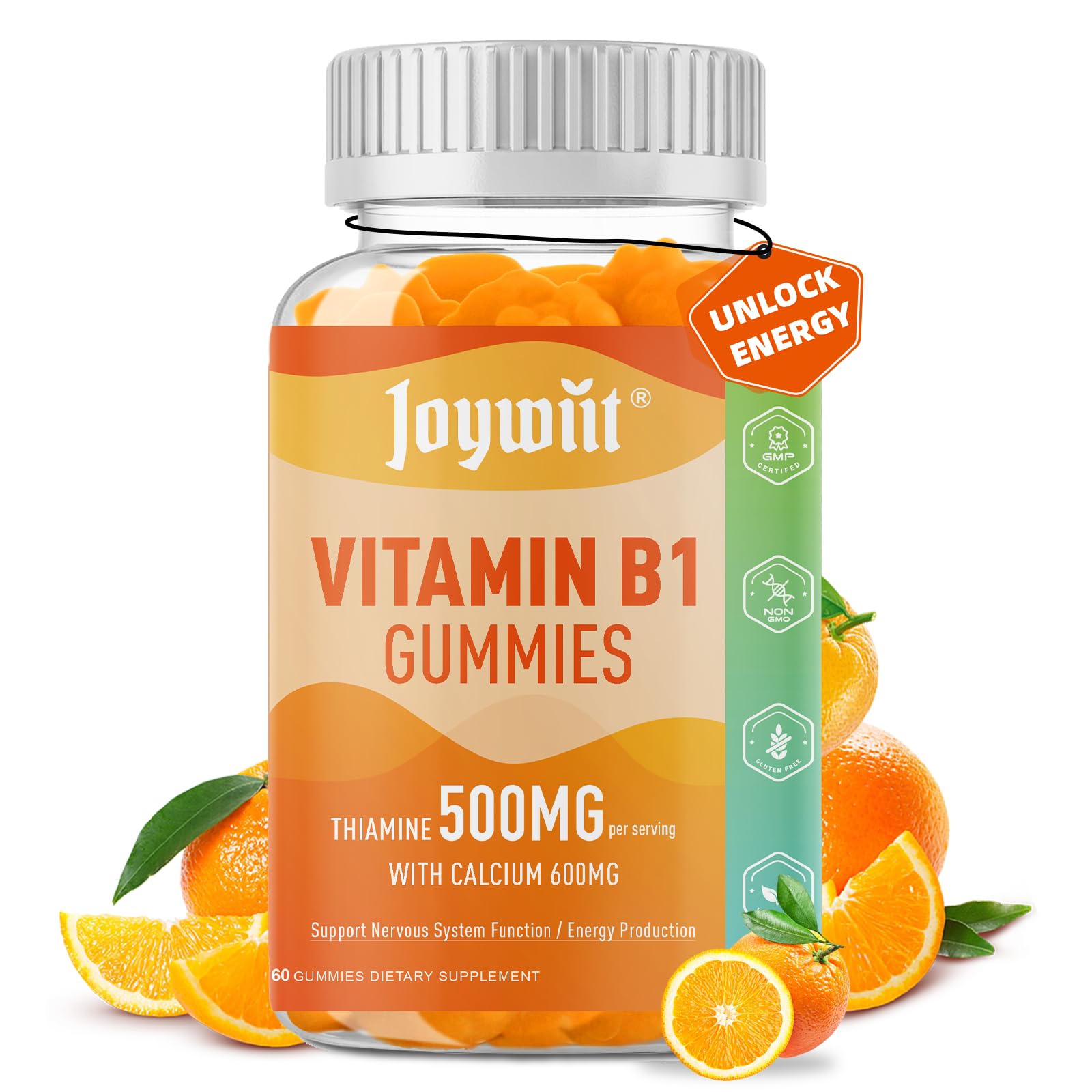 Joywiit Vitamin B1 Gummies 500mg, Chewable Thiamine B1 Supplement for Adults, with 600mg Calcium Citrate, Support Nervous System, Vegan, Natural Orange Flavor