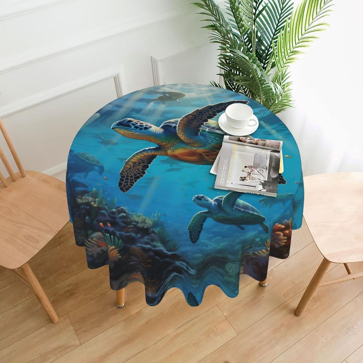Sea Turtles Print Wrinkle Free Dining Table Cover for Birthday Party Farmhouse Tablecloths Up to 60 x 60 Inches
